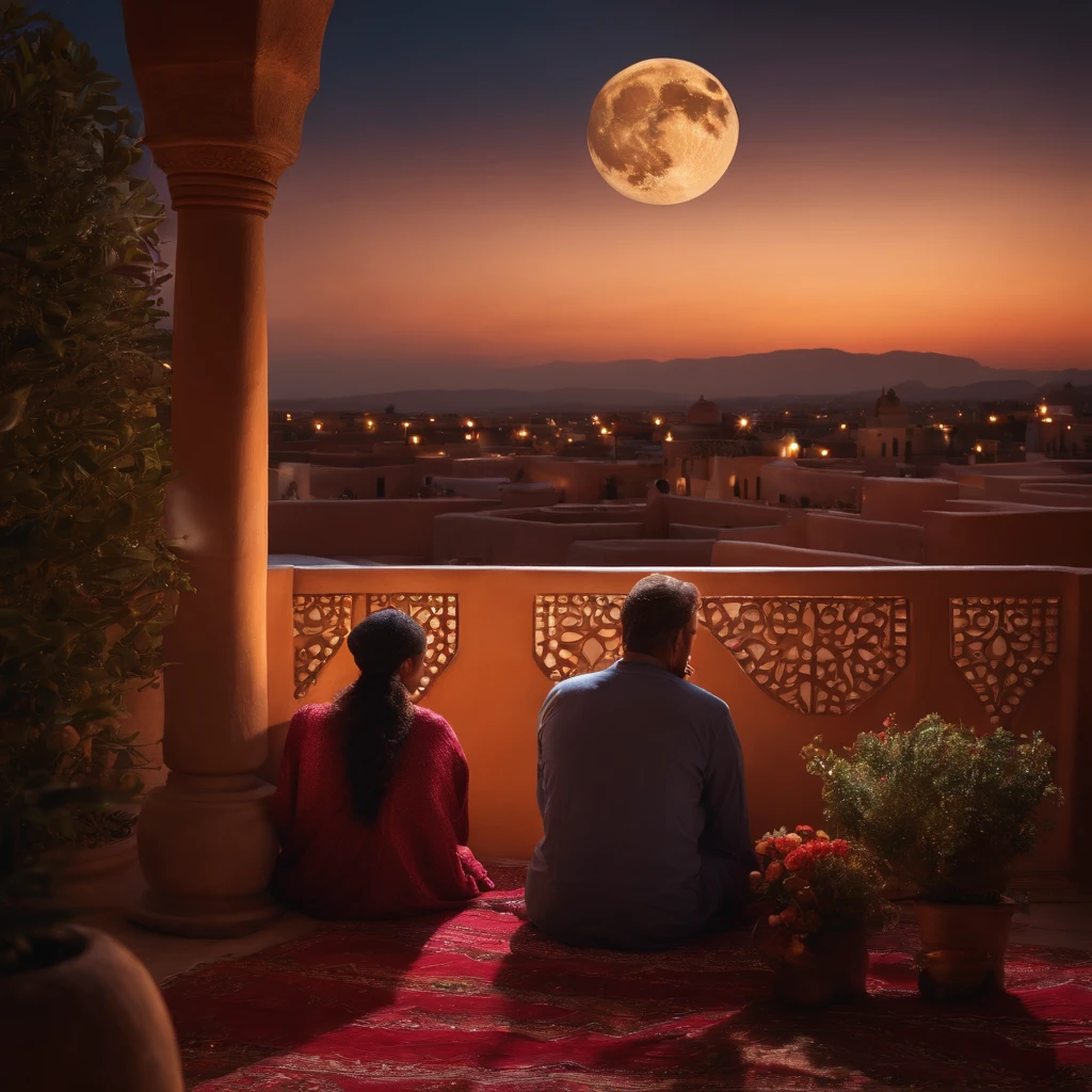 hyper realistic photo, ultra detailed photograph of a beautiful Moroccan rooftop, man and woman from behind, face hidden, towards view, praying together, photorealistic, riad rooftop, Amazigh pillows, Marrakech view, stunning moon, shimmering stars, iridescent, hyperrealism, moroccan lamps, Ultra photoreal, Intricate details, Ultra detailed, photorealistic, great high details, hyper real photo, 8k, extreme quality, gorgeous roses, exotic, glimmering lights, magical, romantic, wishing