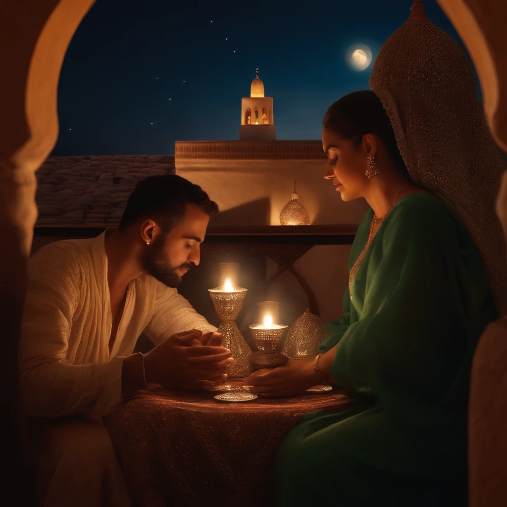 hyper realistic photo, ultra detailed photograph of a beautiful Moroccan rooftop, man and woman from behind, face hidden, towards view, praying together, photorealistic, riad rooftop, Amazigh pillows, Marrakech view, stunning moon, shimmering stars, iridescent, hyperrealism, moroccan lamps, Ultra photoreal, Intricate details, Ultra detailed, photorealistic, great high details, hyper real photo, 8k, extreme quality, gorgeous roses, exotic, glimmering lights, magical, romantic, wishing