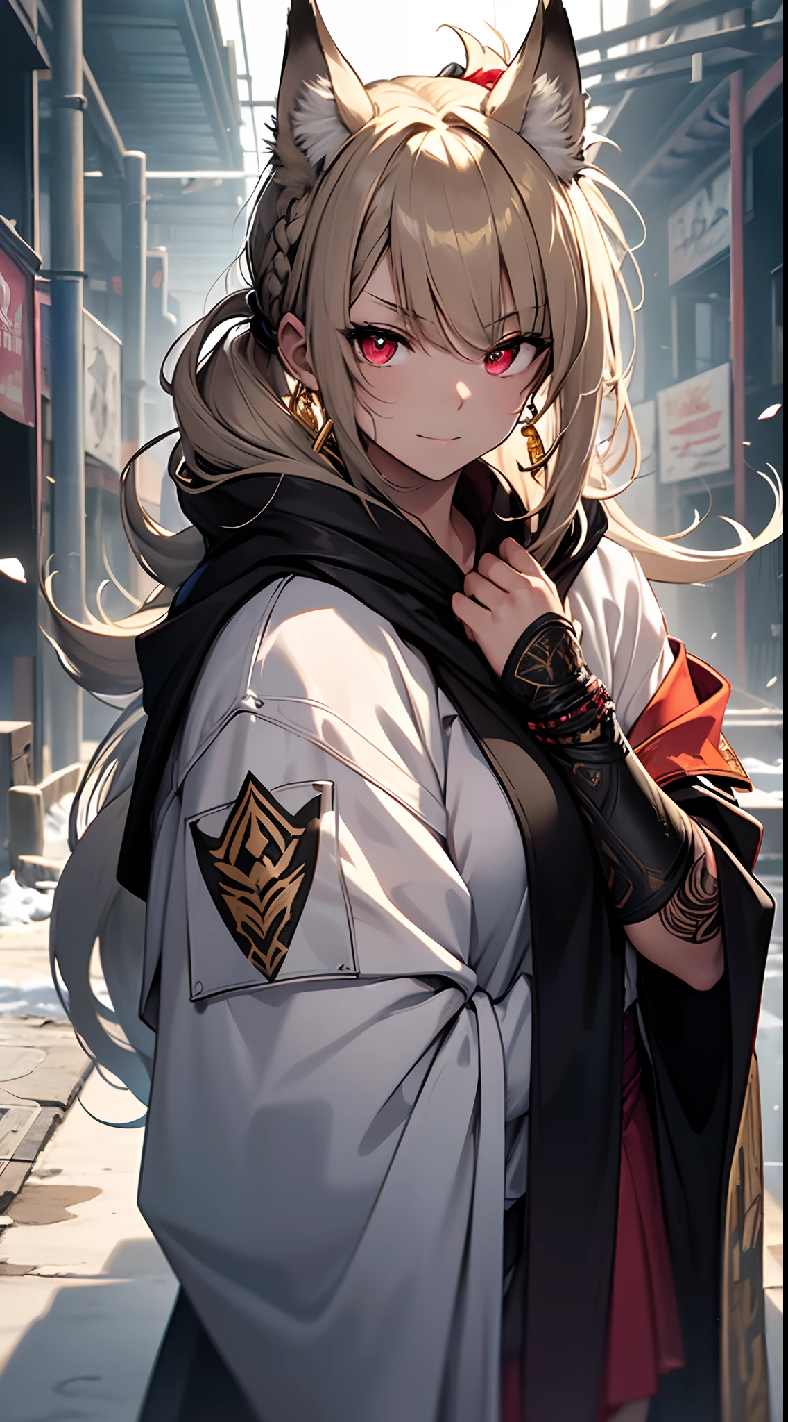 female pervert,Miserable white skin,White fox ears,vellus hair,Gold earrings,snow mountains,Gemstone jewelry,Tips are highlighted in white, Red deciduous leaves,Ink Phantom,bazaars,fansty world,background inside dark,Clean design,Epic Instagram,artstation,Colorful paint splashes,contours,Hyper-detailed intricate details,unreal-engine,fanciful,Complicated details,splash image,complementary colours,fantasy concept art,8K分辨率,A masterpiece of deviantart,oil painted,Heavy strokes,paint drips,Black flag,(Isolate on a black background:1.3),Rainbow skins,(((A handsome young))), ((teenage:1.5)), (Glowing red eyes), ((Eyes have light)),((((White ponytail:1.1))), ((Conservative white casual clothes,Gold pattern)), (ssmile)\\(A happy expression\\),, (((Wearing a worn-out black robe with high details,Lots of fluff))),(brown gauntlets),《Brown tights》,White low ponytail, She has brown hair in braids,White shiny bangs,Brown comb,Shiny hair,an blowing,(chest muscle) --v 6