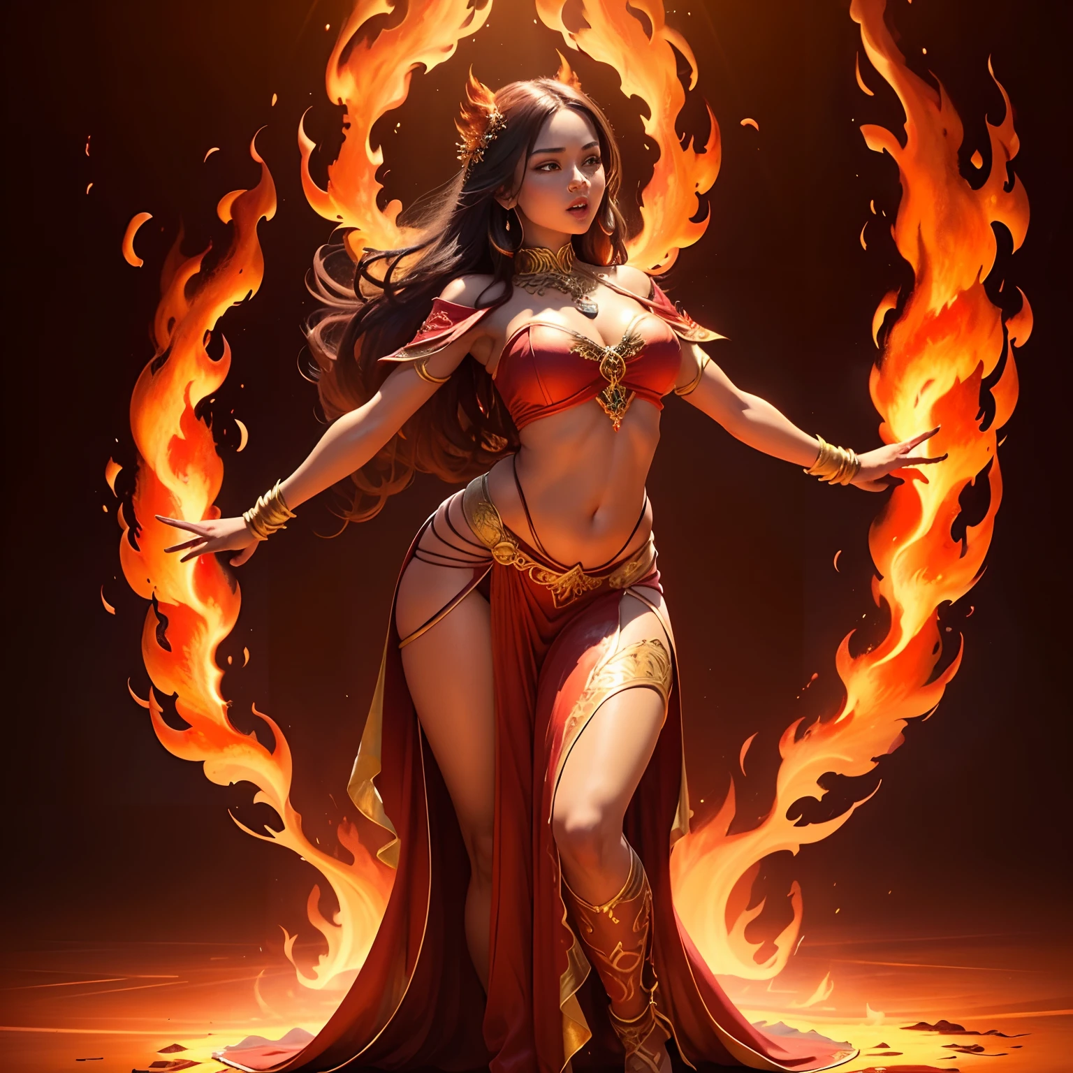 burning inferno, radiant flames, intense heat, fiery aura, glowing embers, blazing beauty, flickering shadows, molten power, scorching passion, ethereal figure, mesmerizing dance, vibrant colors, majestic presence. (best quality, ultra-detailed, realistic, vibrant colors), (golden and crimson tones), (soft and warm lighting).