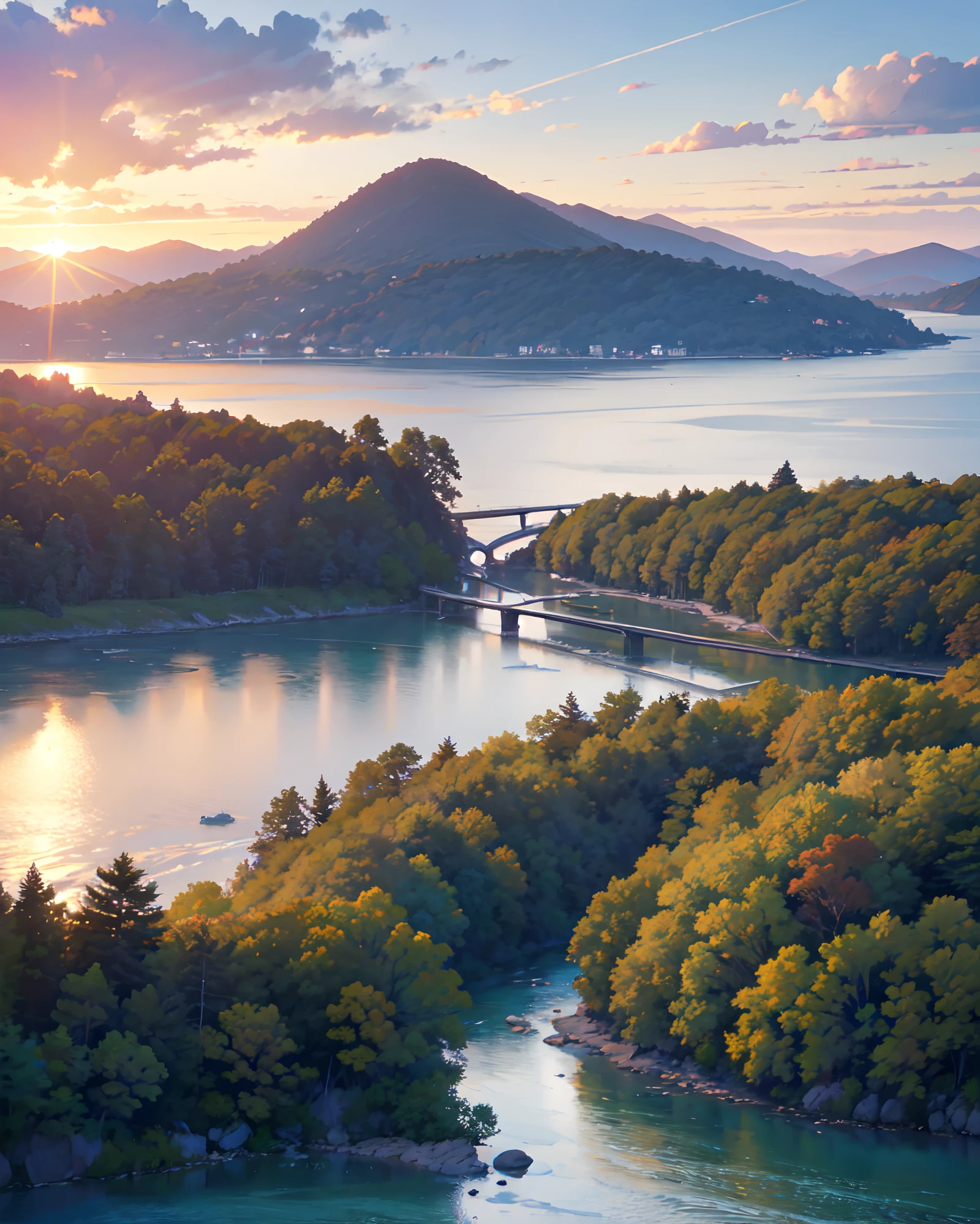 Nature with sunset, nobody, graphic ultra HD, anime detailed, no person, high quality, with trees, river, beach, ocean, house, island, fallen leaves, spring, upscale, not bad view, perfect view, most, masterpiece,