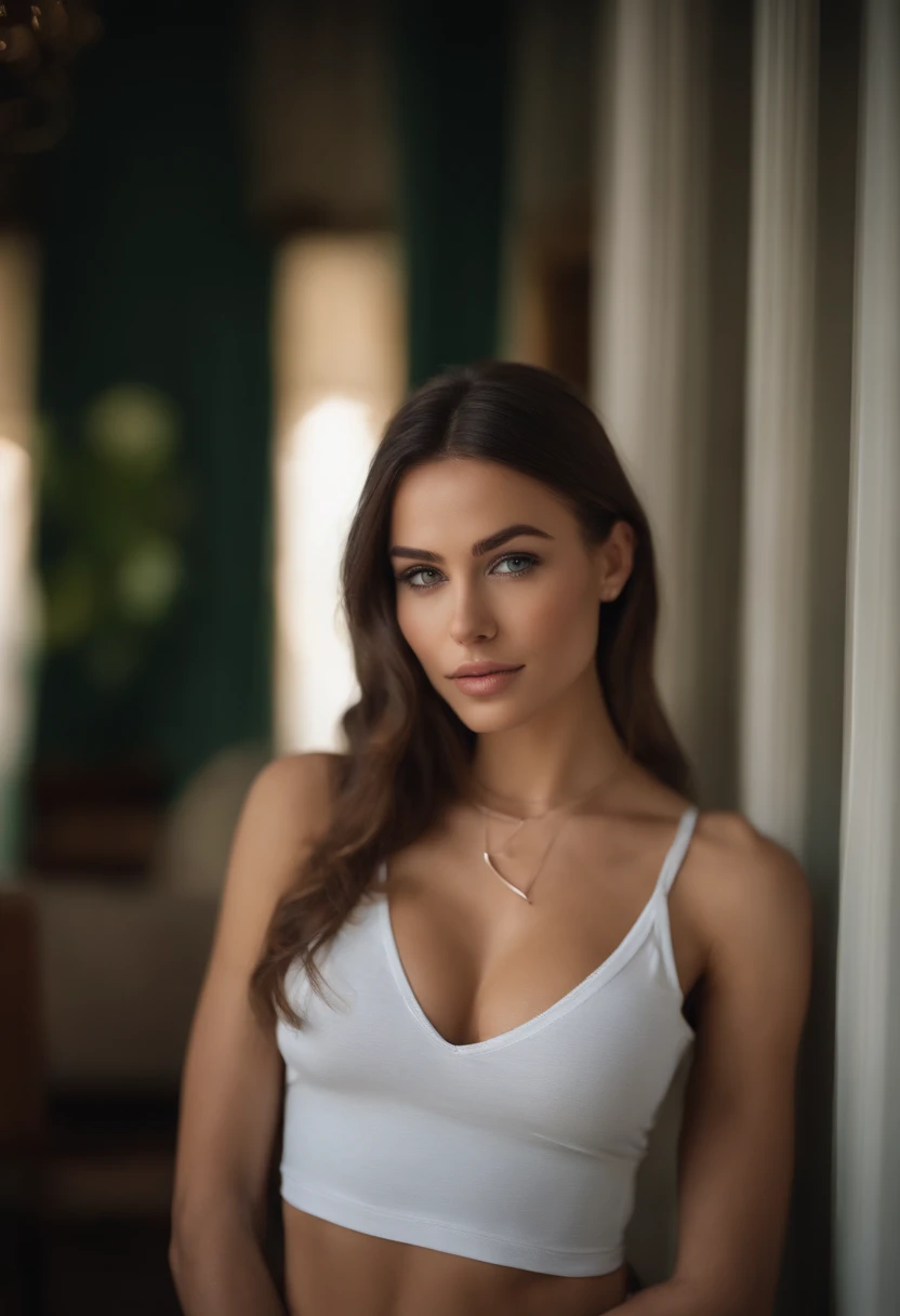 Alafed woman with white tank top and necklace, fille sexy aux yeux verts, Portrait Sophie Mudd, cheveux bruns et grands yeux, selfie of a young woman, Yeux de chambre, Violet Myers, sans maquillage, maquillage naturel, looking straight at camera, Visage avec Artgram, Maquillage subtil, De superbes photos du corps entier, Pierced green eyes, Bel angle, Pose engageante, fille mignonne, sexy pose, Full body photo, corps entier, Whole body photographed, brunette goddess, high details, Pose satisfaisante, soutien-gorge en cuir, Jupe en cuir