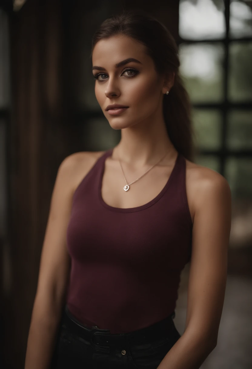 Alafed woman with white tank top and necklace, fille sexy aux yeux verts, Portrait Sophie Mudd, cheveux bruns et grands yeux, selfie of a young woman, Yeux de chambre, Violet Myers, sans maquillage, maquillage naturel, looking straight at camera, Visage avec Artgram, Maquillage subtil, De superbes photos du corps entier, Pierced green eyes, Bel angle, Pose engageante, fille mignonne, sexy pose, Full body photo, corps entier, Whole body photographed, brunette goddess, high details, Pose satisfaisante, soutien-gorge en cuir, Jupe en cuir