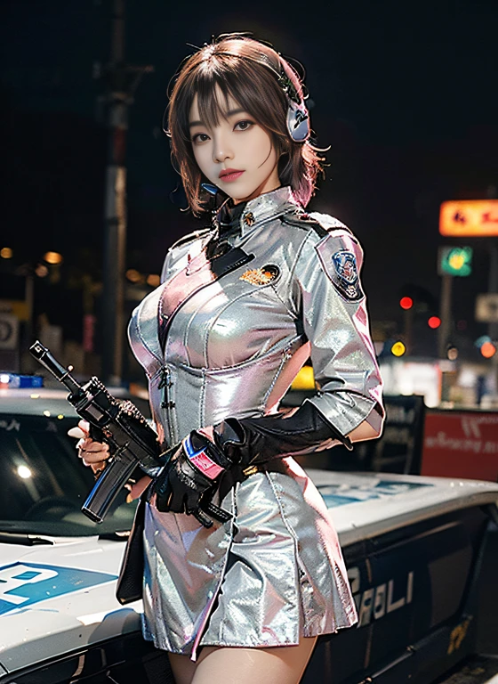 (Top Quality, Ultra High Definition, Photorealistic: 1.4), (cowboy shot:1), 1 Beautiful Girl, (Kpop Idol), Detailed Face, (Hair Style gradation:Pink:0.6Silver:0.4, fullbang, shortbob-style:1), Contrapposto, Perfect ???????, Smooth Skin, Professional Lighting, ((wearing Futuristic Police Racing Suits, low-mini-skirt, police wappen, High-tech Headset, military gun-corset, racing gloves, holding handguns with both hands)), (Cloths colors based on pink silver white black), (background, backstrage),