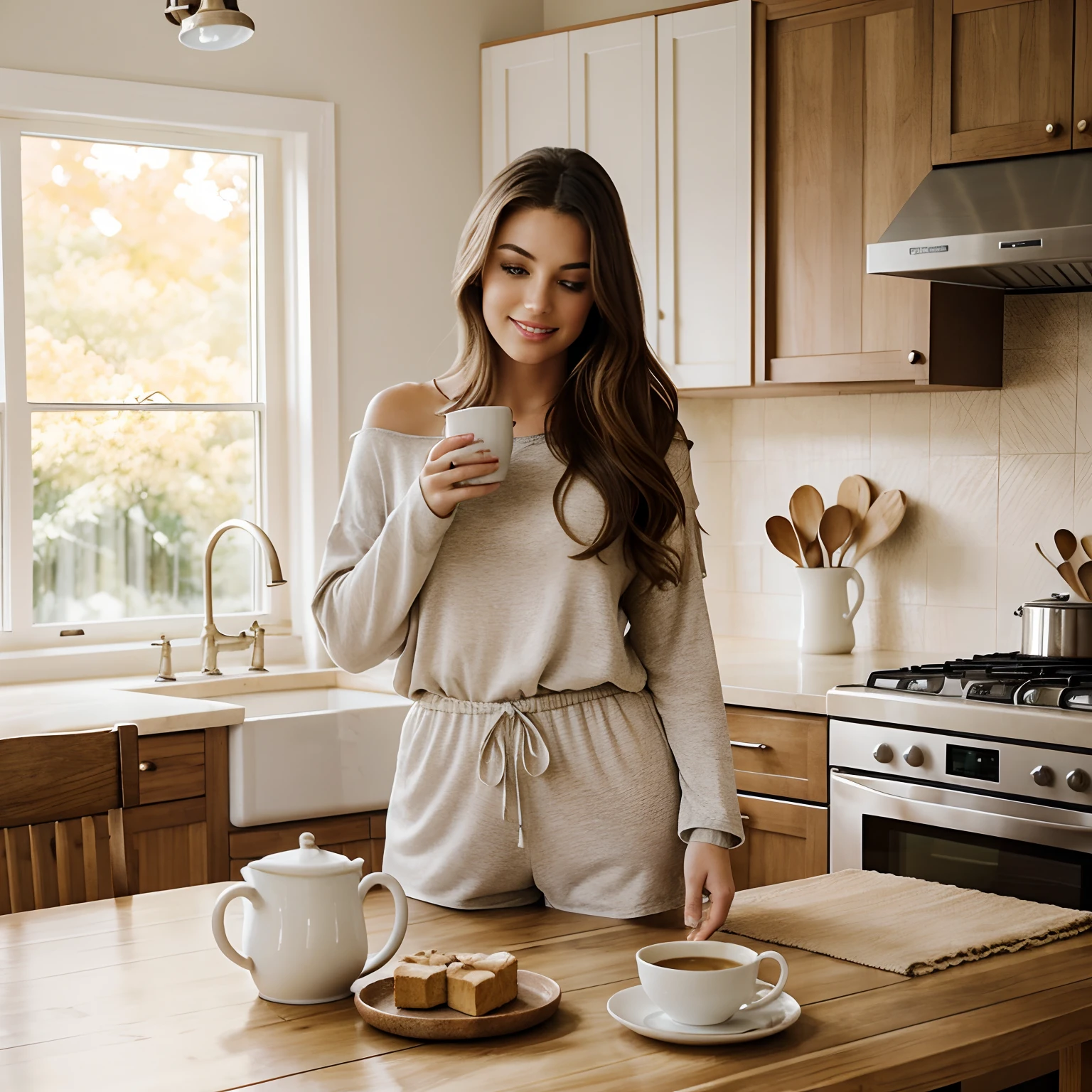 Generate a captivating photoshoot featuring Autumn at home, enjoying her morning coffee. Autumn, the stunning brunette influencer, should appear in her mid-20s, standing around 5'4" tall, with long, wavy chestnut hair flowing gracefully over her shoulders. Her figure showcases an athletic hourglass shape, elegantly emphasized by her full bust. Autumn's complexion boasts a flawless, sun-kissed tan, and her expressive brown eyes radiate charisma, all while she maintains a relaxed and confident demeanor.[Clothing Description] Autumn is dressed in charming and cozy pajamas, donning a soft, oversized, white T-shirt paired with loose-fitting, light-gray shorts. This attire offers a sense of comfort and simplicity, perfect for a peaceful morning at home.[Surroundings Description] The setting is Autumn's serene kitchen, which bathes her in warm morning light. She stands near the kitchen counter, where a cup of steaming coffee, a French press, and a plate of pastries sit invitingly. The kitchen exudes a tranquil and inviting atmosphere, complementing the cozy morning scene.[Poses Description] Autumn engages in a series of relaxed and charming poses, giving viewers a glimpse into her morning routine. She smiles warmly while sipping her coffee, leaning casually against the kitchen counter. In another shot, she might be seated at the table, gazing out of the window, lost in thought as she enjoys her quiet moment. These poses capture the essence of a serene morning, radiating a sense of comfort and peace.The photography should highlight the calm and cozy nature of the scene, employing a photorealistic approach. Utilize soft, natural lighting to create an inviting atmosphere, with a focus on Autumn's serene expressions and the warmth of her surroundings. The resulting images should convey the charm of Autumn's tranquil morning coffee ritual at home.