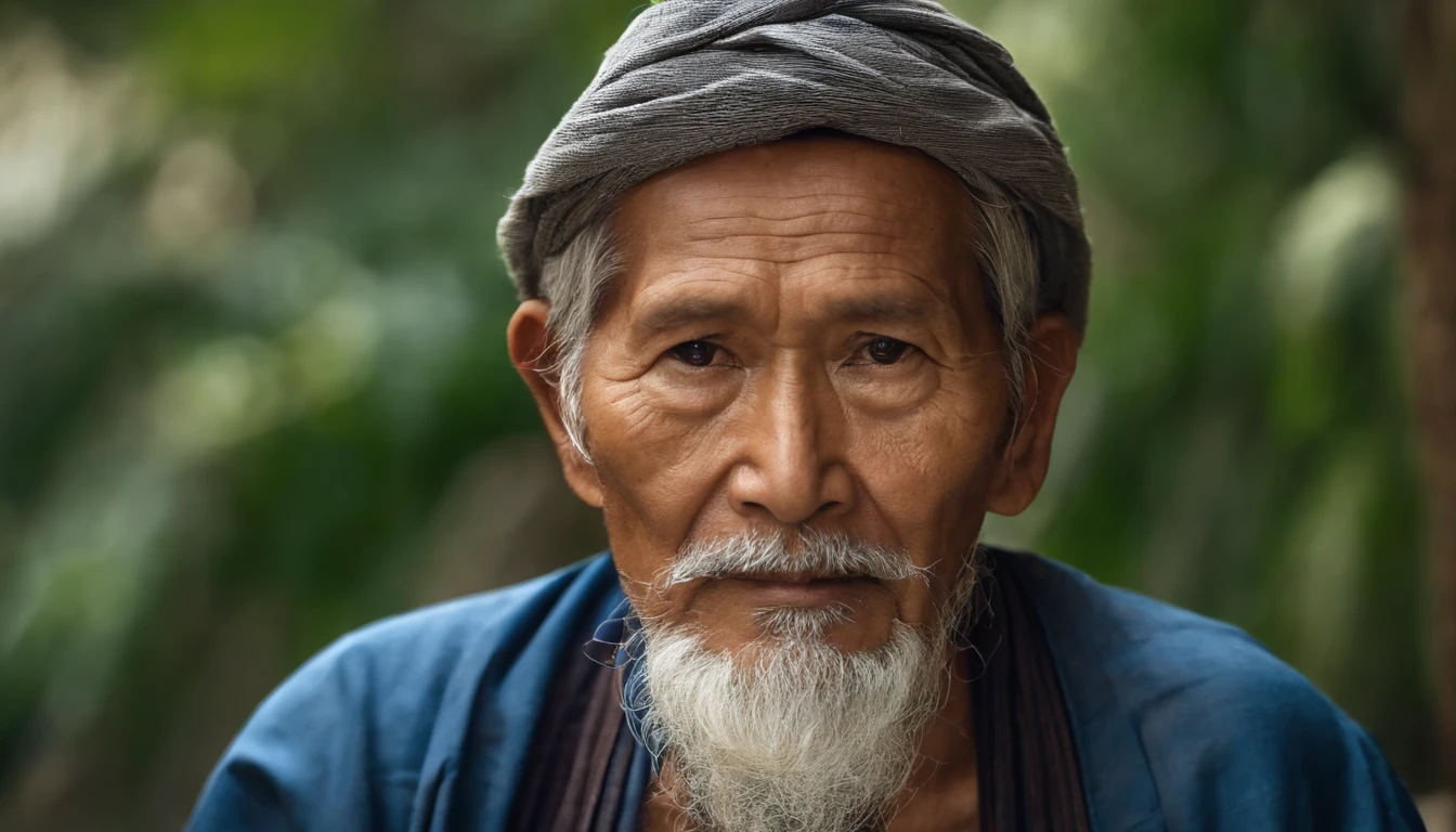 Asian Old Man,Cabelos longos e penteados,barba longa,staring directly at camera, no centro,clear facial features,cores brilhantes, light particle, com luz brilhante, Mushhiv, Arte do papel de parede, UHD wallpapers、vivid atmosphere, perto de uma casa antiga, vilarejo