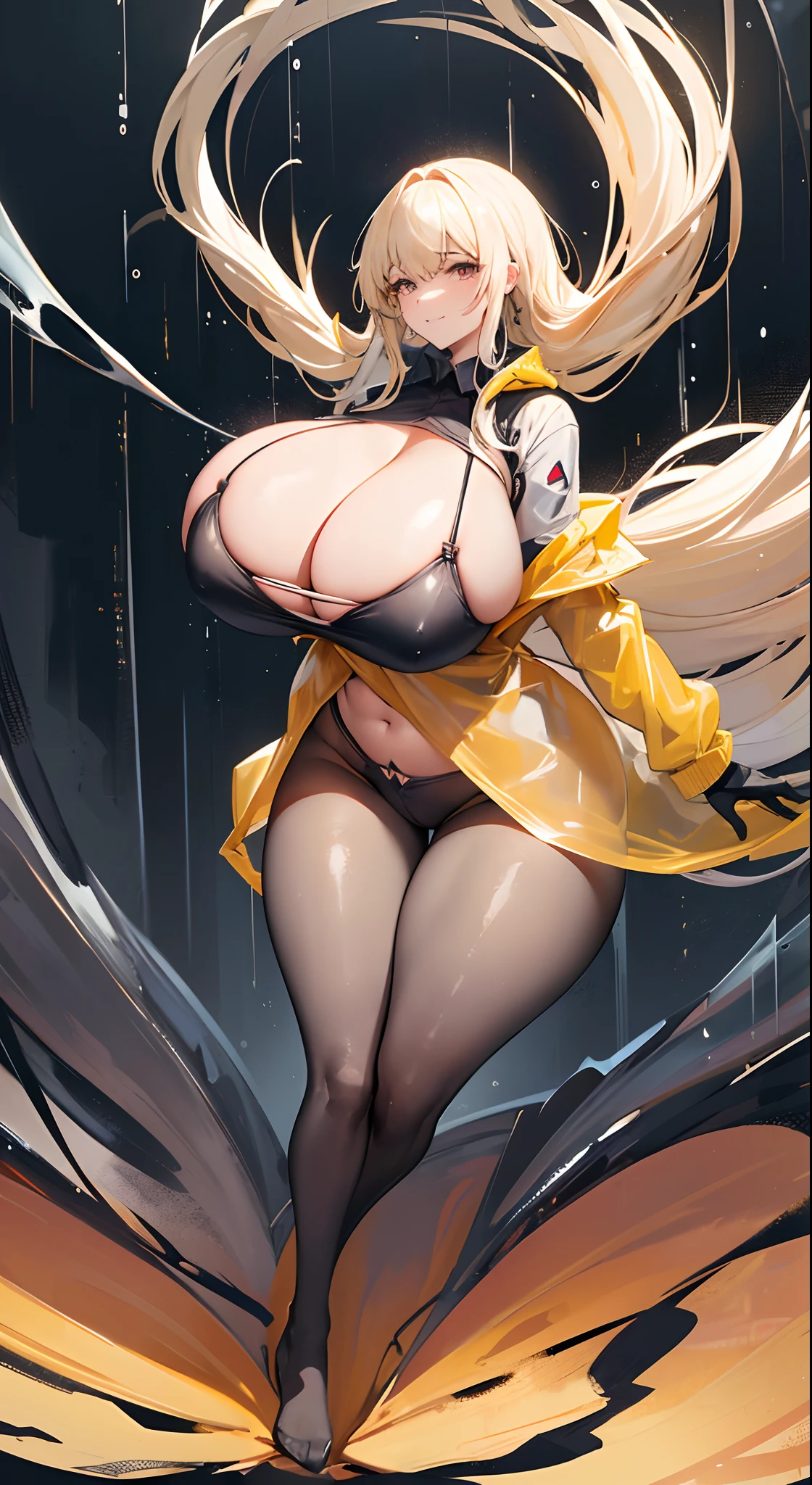 cabellos largos dorados,black pantyhoses,grin face,(gigantic cleavage breasts:1.5),No shoes,Transparent raincoat,raincoat,It rained heavily,nigth,Neon lights