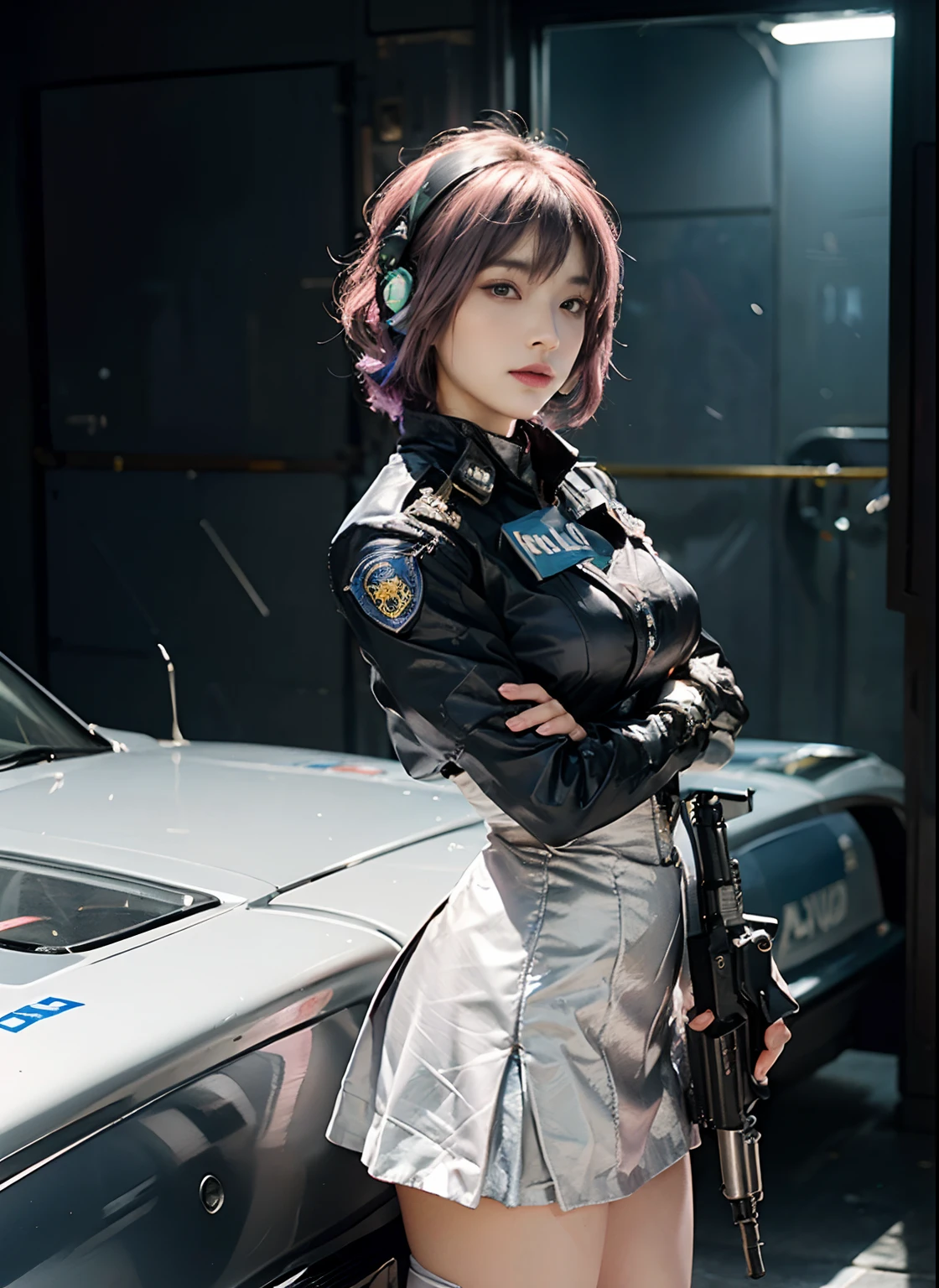 (Top Quality, Ultra High Definition, Photorealistic: 1.4), (cowboy shot:1), 1 Beautiful Girl, (Kpop Idol), Detailed Face, (Hair Style gradation:Pink:0.6Silver:0.4, fullbang, shortbob-style:1), Contrapposto, Perfect Anatomy, Smooth Skin, Professional Lighting, ((wearing Futuristic Police Racing Suits, low-mini-skirt, police wappen, High-tech Headset, military gun-corset, racing gloves, holding handguns with both hands)), (Cloths colors based on pink silver white black), (background, backstrage),