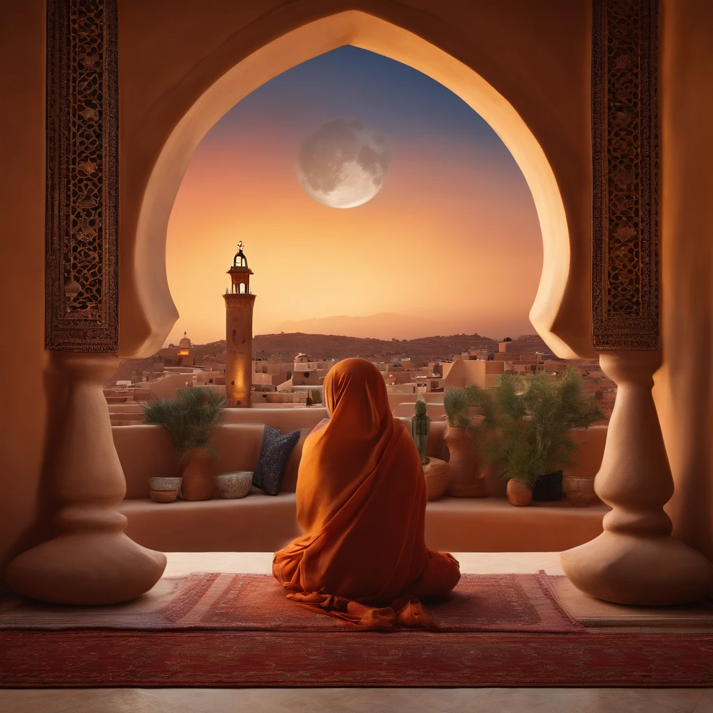 hyper realistic photo, ultra detailed photograph of a beautiful Moroccan rooftop, man and woman hijabi from behind, face hidden, towards view, praying together, photorealistic, riad rooftop, Amazigh pillows, Marrakech view, stunning moon, shimmering stars, iridescent, hyperrealism, moroccan lamps, Ultra photoreal, Intricate details, Ultra detailed, photorealistic, great high details, hyper real photo, 8k, extreme quality, gorgeous roses, exotic,