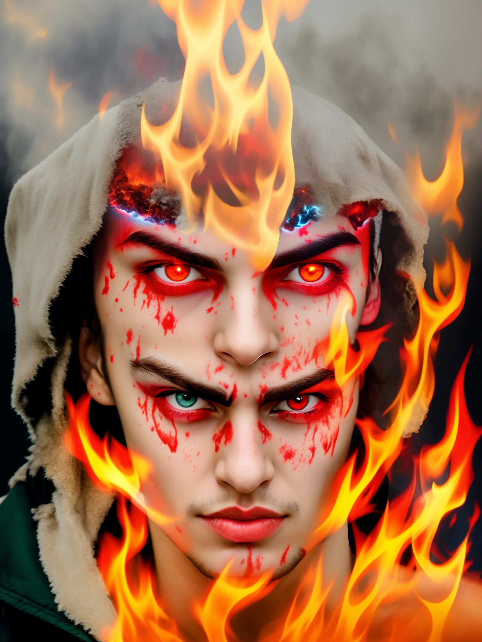 Horror realistic face change background blood flames lazer eye