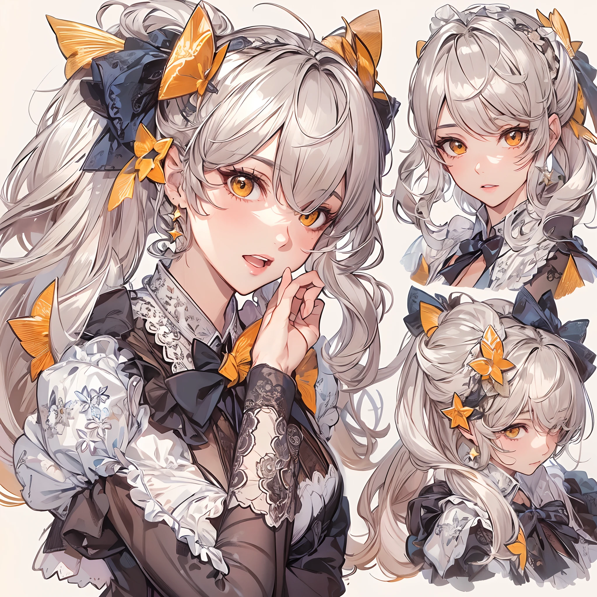 ((Masterpiece, Highest quality)), Detailed face, CharacterDesignSheet, full bodyesbian, Full of details, Multiple poses and expressions, Highly detailed, Depth, Many parts,Beautiful Maid,Holding a shield,double-ponytail,estilo fantasia,Orange caramel,Extremely beautiful,High Balance, Natural light, Lace,lacepantyhose,Sunny décor,Star decoration