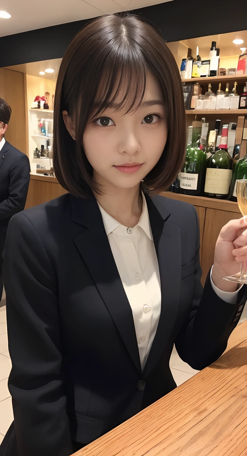 (top-quality、​masterpiece:1.2)、Best Quality、realisitic、photoshot、hight resolution、1080p、8K、Textured skin、Physical Rendering、1 Japan Girls、High school students、kawaii、Young Face、Rolled hair、(black suits:1.5)、a bar counter、Sit up、Bring a glass of whiskey、Sit on the sofa、full of shyness、smil、Big