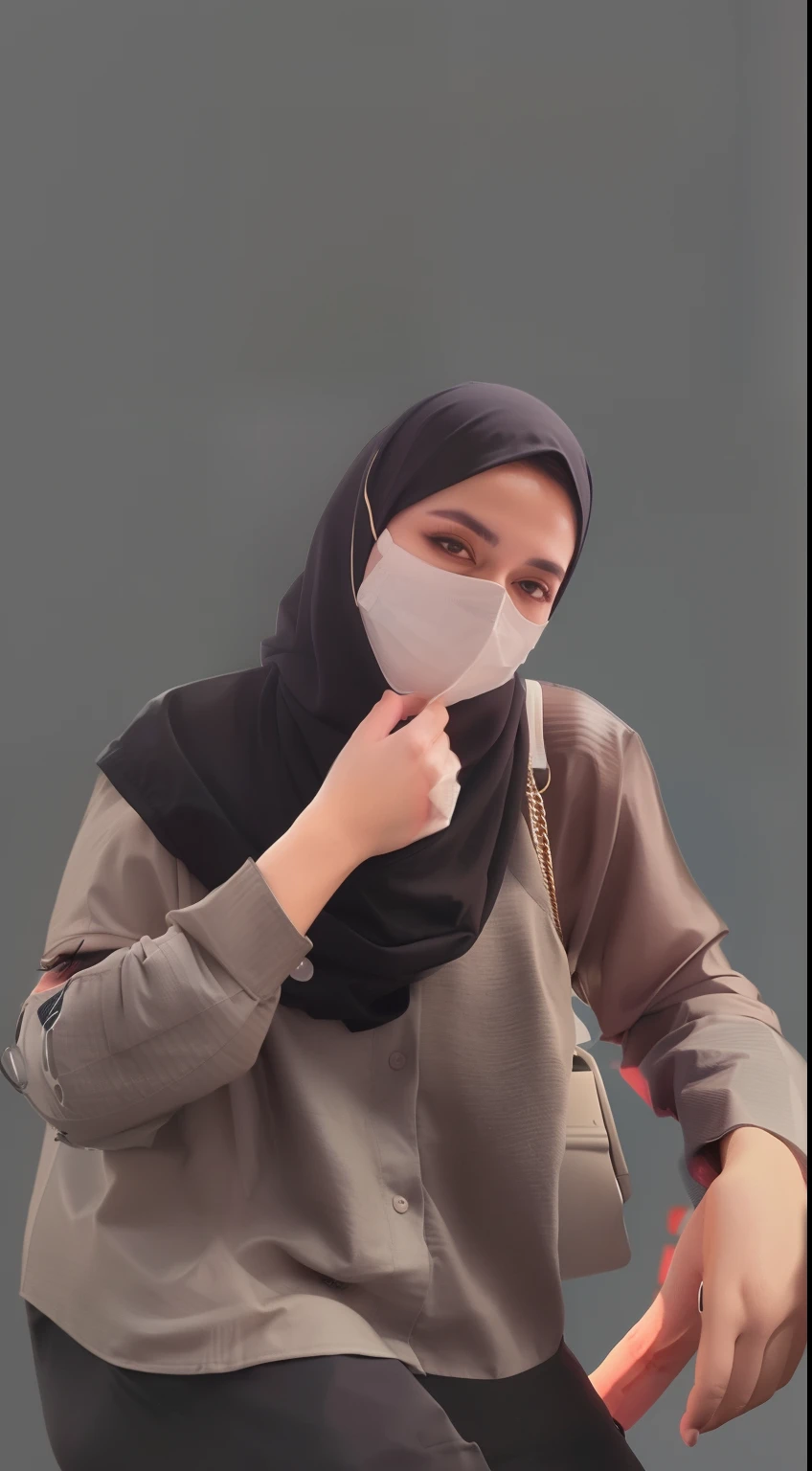 woman wearing a black hijab and a white mask, wearing facemask, wearing mask, wearing a mask, hijab, facemask, one single mask, wearing all black mempo mask, no face mask, face mask, profile pic, surgical mask covering mouth, wearing facemask and sunglasses, mask, sara ali, faridah malik, ameera al-taweel,large breast, huge breast, unnatural breast, busty, brunette, busty,