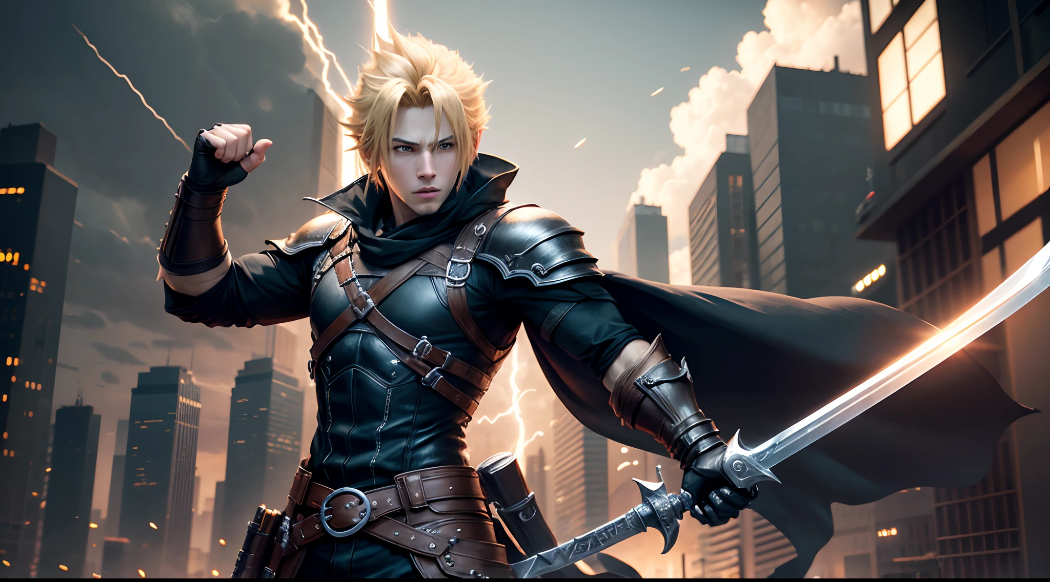 Hair yellow young male holding a sword final fantasy character cloud Strife wearing black clothes best quality, high quality, high details, highest, accurate, anatomically correct, textured skin, UHD, 1080P splash art, detailed costume, intense action scene, extraordinary abilities, breathtaking special effects, cinematic quality, Epic showdown, realistic CGI, high definition resolution, Iconic superhero pose, composition dramatic, background city scenery, intense facial expression, intense energetic aura, superhuman strength, lightning-fast speed, invincibility, determination.