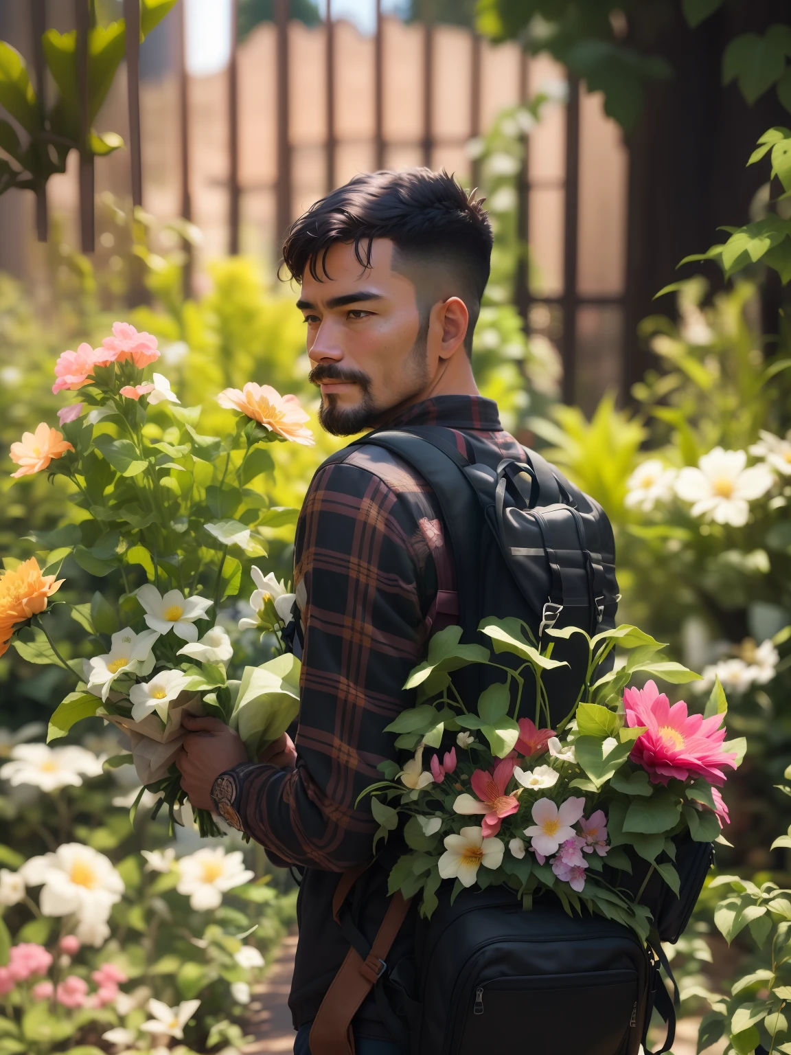 there is a man carrying a backpack with flowers in it, carrying flowers, adorned with all kind of plants, with flowers, candid picture, shot on nikon z9, amidst nature, candid photography, covered in plants, holding flowers, standing in a botanical garden, standing in flower field, shot on canon eos r5, shot on canon eos r 5, full of flowers