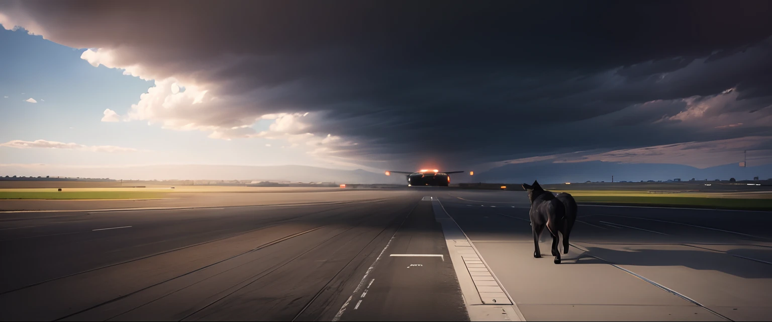 black wolf is running across the airport landing ?????