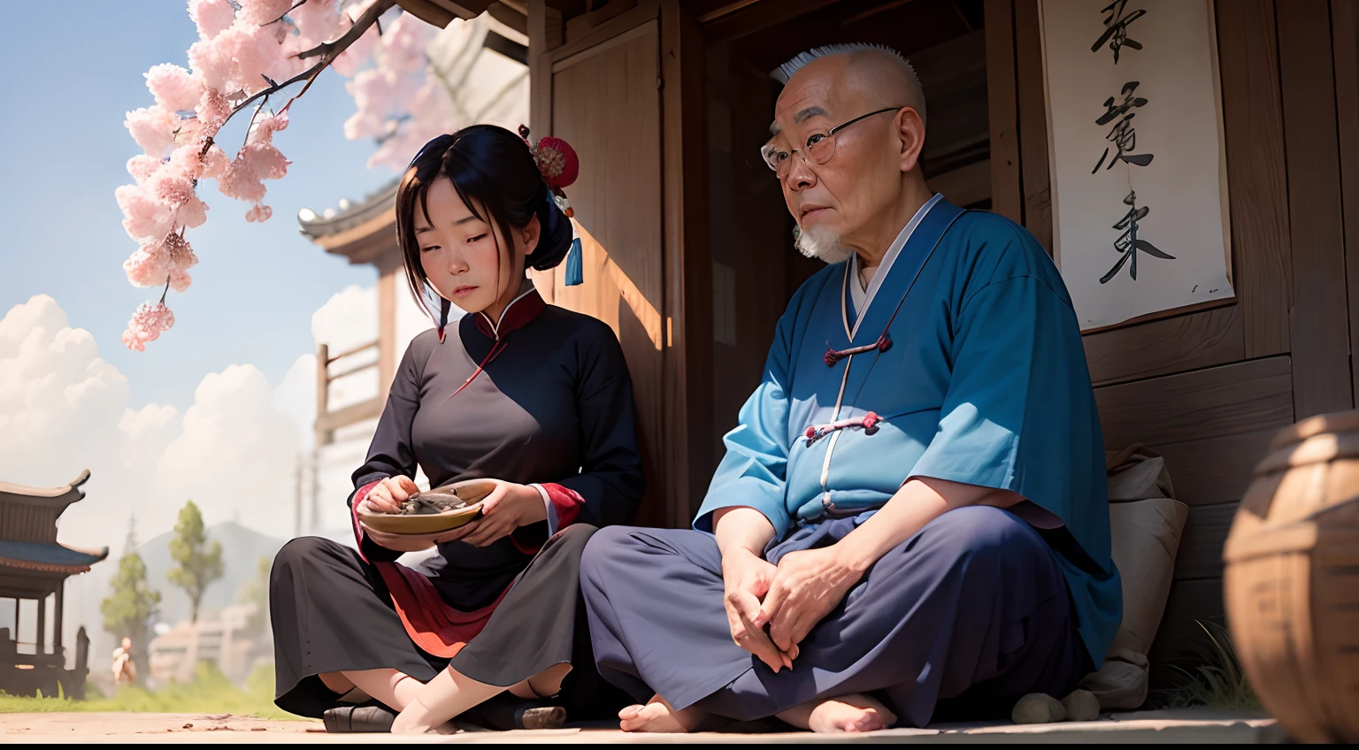 Mei a villager girl and a old Chinese monk sitting beneath the Whispering Willow.