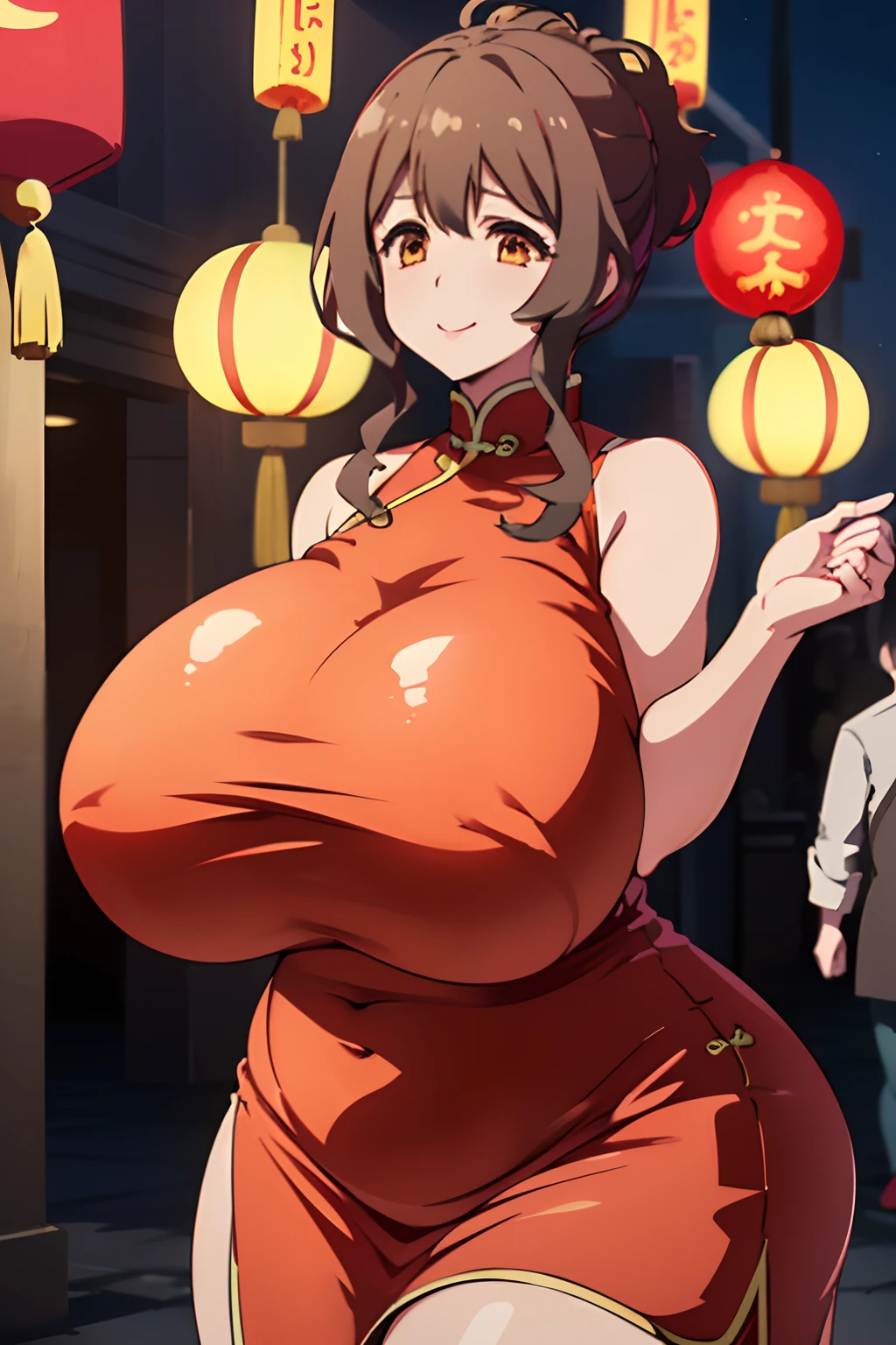 (Best Quality:1.5, hight resolution,Masterpiece、high-level image quality, 4K, Detailed Lighting, Shaders), Plump、wide hip,torino_kazami,maturefemale,(huge-breasted:1.5),(china dress:1.3),(Chinatown at night:1.3),(Large crowds)、smile,