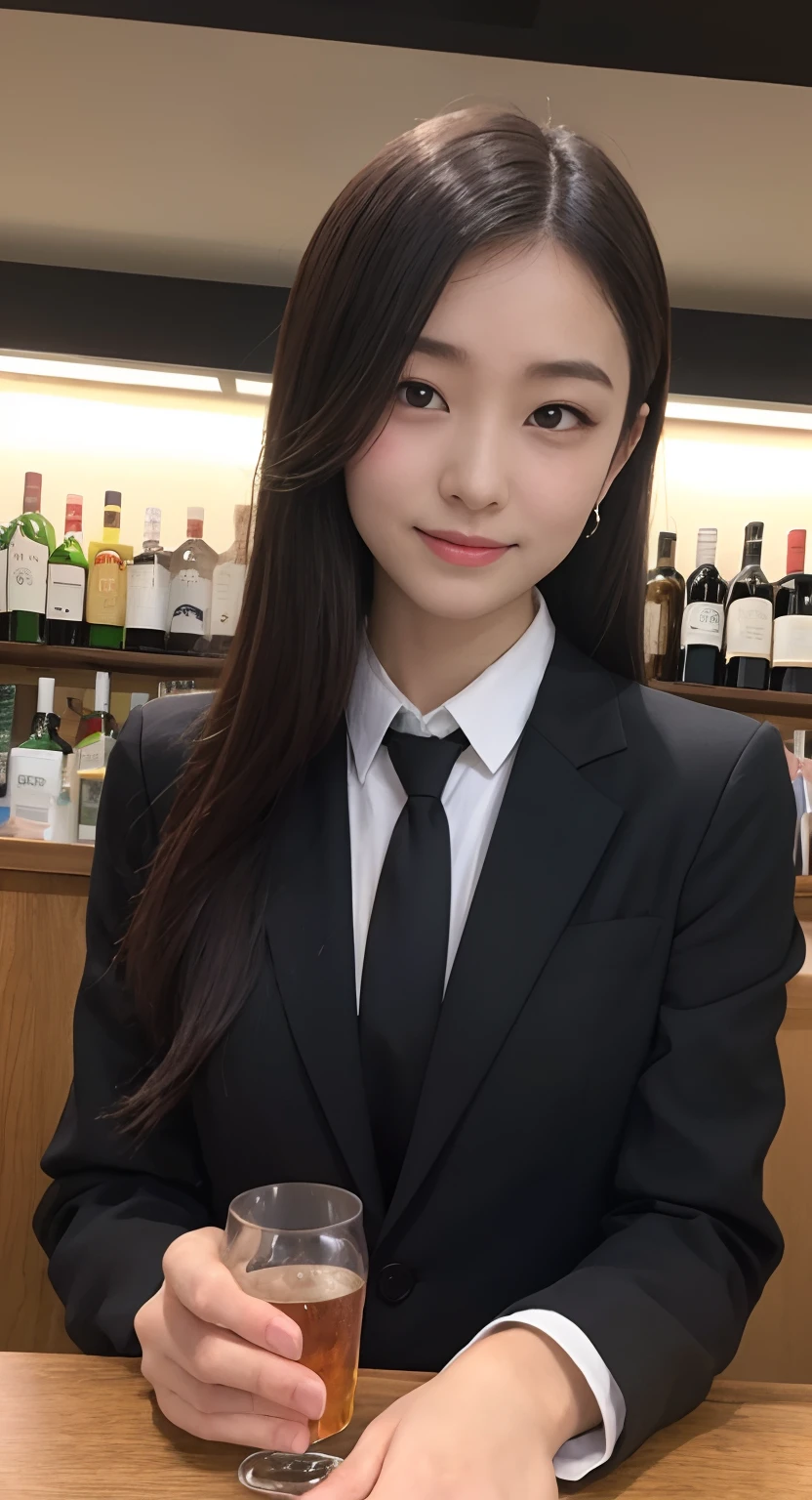 (top-quality、masterpiece:1.2)、Best Quality、realisitic、photoshot、hight resolution、1080p、8K、Textured skin、Physical Rendering、1 Japan Girls、High 、kawaii、Young Face、Rolled hair、(black suits:1.5)、a bar counter、Sit up、Bring a glass of whiskey:1.5、Sit on the sofa、full of shyness、smil、Big