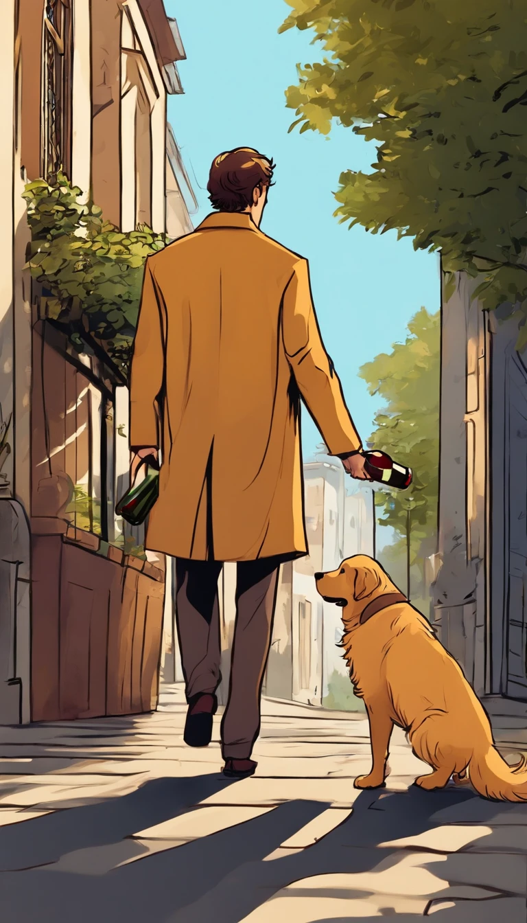 A man with a little golden retriever walking alone on a deserted street,Holding a bottle of wine in his hand,Anime comic style