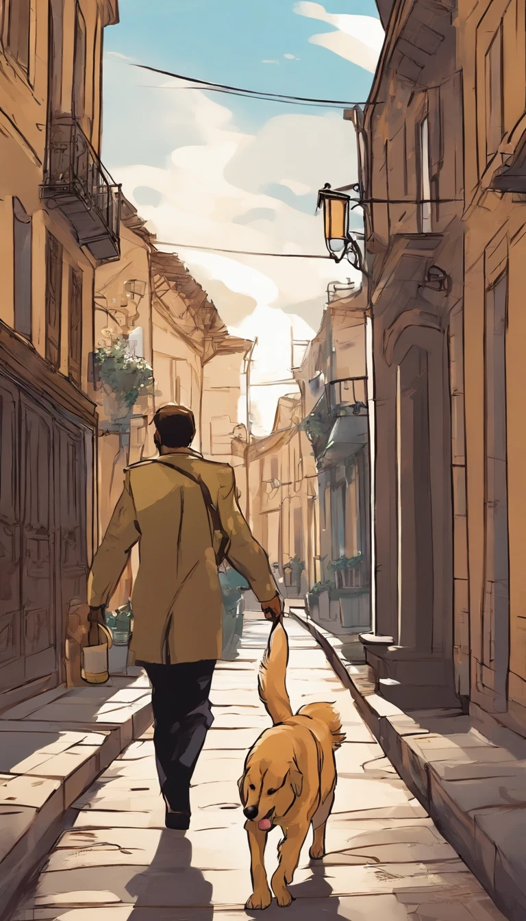 A man with a little golden retriever walking alone on a deserted street,Holding a bottle of wine in his hand,Anime comic style