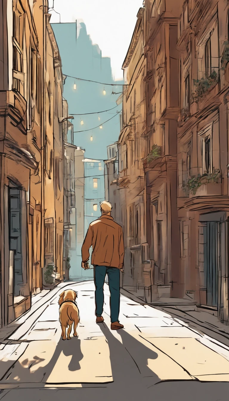 A man with a little golden retriever walking alone on a deserted street,Holding a bottle of wine in his hand,Anime comic style