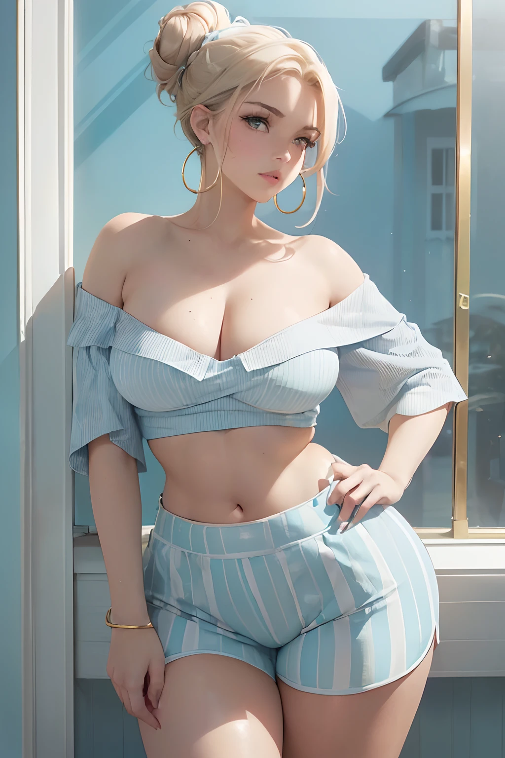 A stunning photorealistic anime illustration captures a beautiful, busty woman in a stylish bedroom. From a side view, she is dressed in lacy underwear, her perfect body showcasing both voluptuous and slender features. Her big, gorgeous eyes are filled with concern as she holds a yellow dress in front of her. A few more dresses are seen neatly folded on her bed. The room's design is modern and luxurious, with a hint of retro flair. The overall ambiance is a blend of glamour and vulnerability.