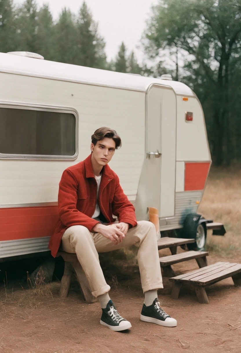 analog photography, grain film, vintage photo, portra 400, flash, in the style of lo-fi aesthetics:: a man sitting near a camping trailer, light beige and red, half body shot,