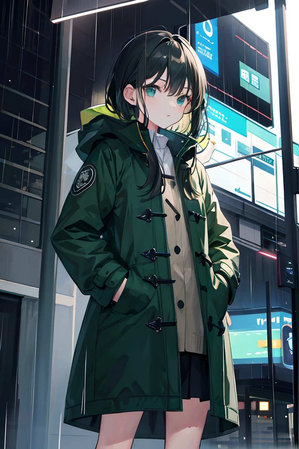 1girl in, nightcity, Rain, coat, Hands in pockets、Green coat、A dark-haired