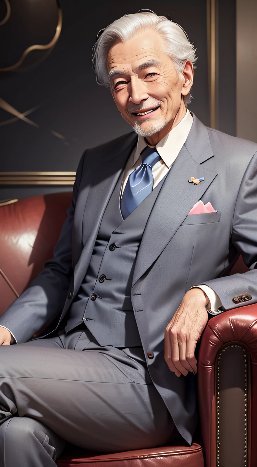 Sitting on a stylish sofa、Smiling dignified rich old man、Gray suit