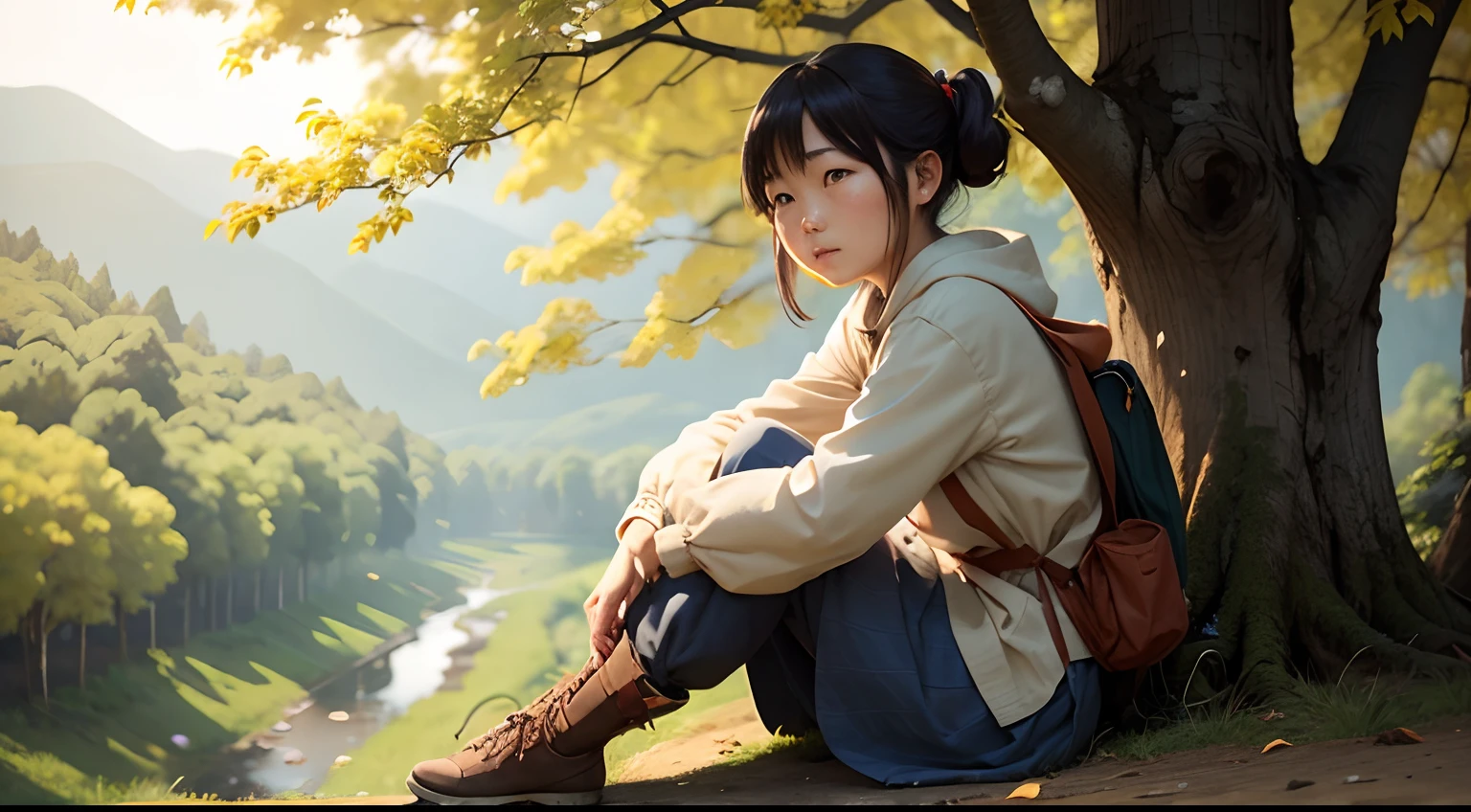 Mei a villager sitting and watching rustling leaves.
