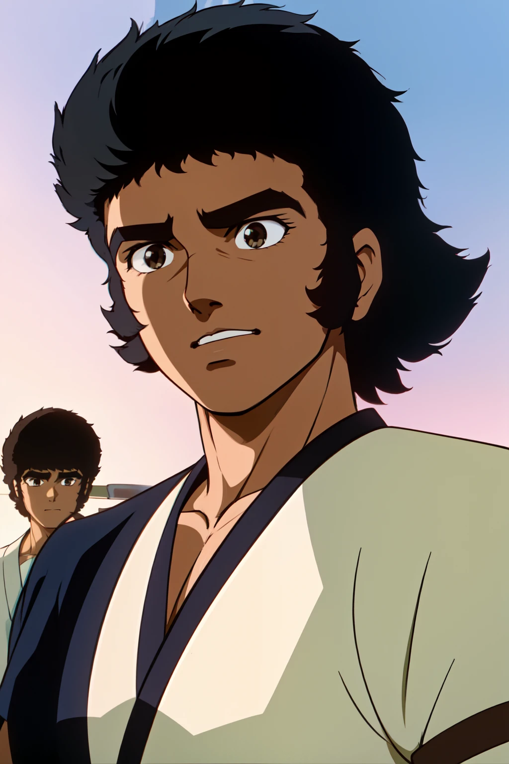 1boy, 1980s anime style, JIRO-KAMUI, \(the dagger of kamui\) short hair, black hair, thick eyebrows, brown eyes, middle sideburns, white shirt, jeans, white shoes, japanese-dagger, face close-up, face focus, upper body,