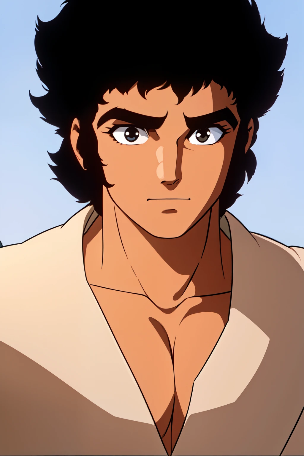 1boy, 1980s anime style, JIRO-KAMUI, \(the dagger of kamui\) short hair, black hair, thick eyebrows, brown eyes, middle sideburns, white shirt, jeans, white shoes, japanese-dagger, face close-up, face focus, upper body,