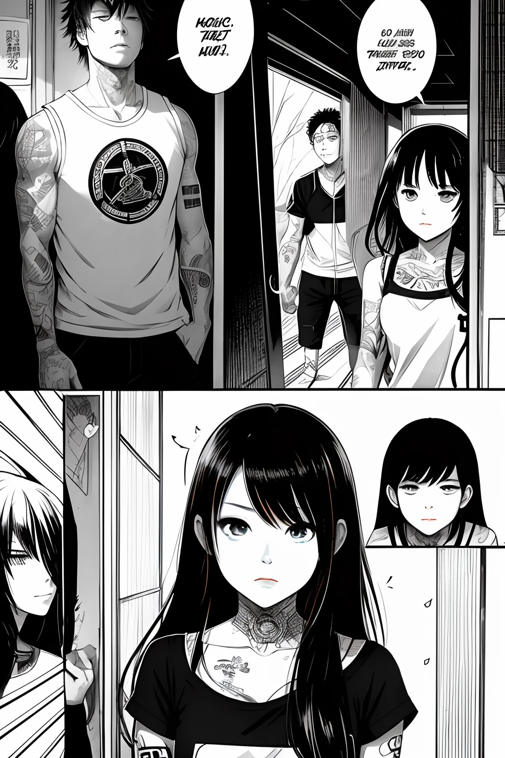 (Illustration split)Japanese black and white manga,There are multiple panels on the page:: Classroom corner,Several tattooed punk male students bully a girl,They grabbed the girl by the hair,Verbal insults,The girl holds her arm,Trembling all over(over the shoulder shot)。author:tatsuki fujimoto。The height of the frame reveals the film's clear lines,Contre-Jour,Vivid shadows,shot of::中 - niji 5 --q 2 ---16K(Speech bubbles with text,Comic sound effect stickers)