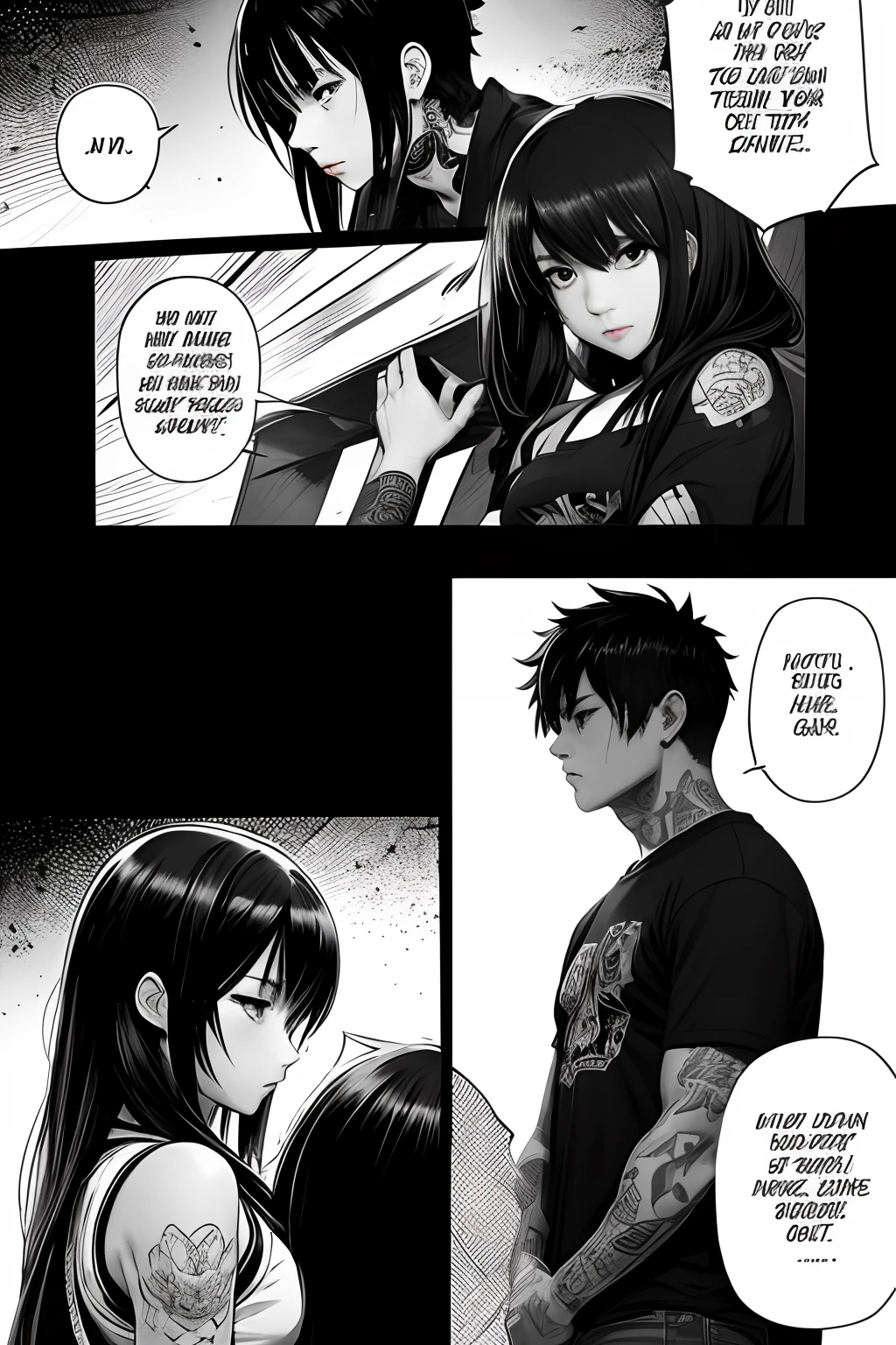 （Illustration split）Japanese black and white manga，There are multiple panels on the page:: Classroom corner，Several tattooed punk male students bully a girl，They grabbed the girl by the hair，Verbal insults，The girl holds her arm，Trembling all over（over the shoulder shot）。author：tatsuki fujimoto。The height of the frame reveals the film's clear lines，Contre-Jour，Vivid shadows，shot of::中 - niji 5 --q 2 ---16K（Speech bubbles with text，Comic sound effect stickers）