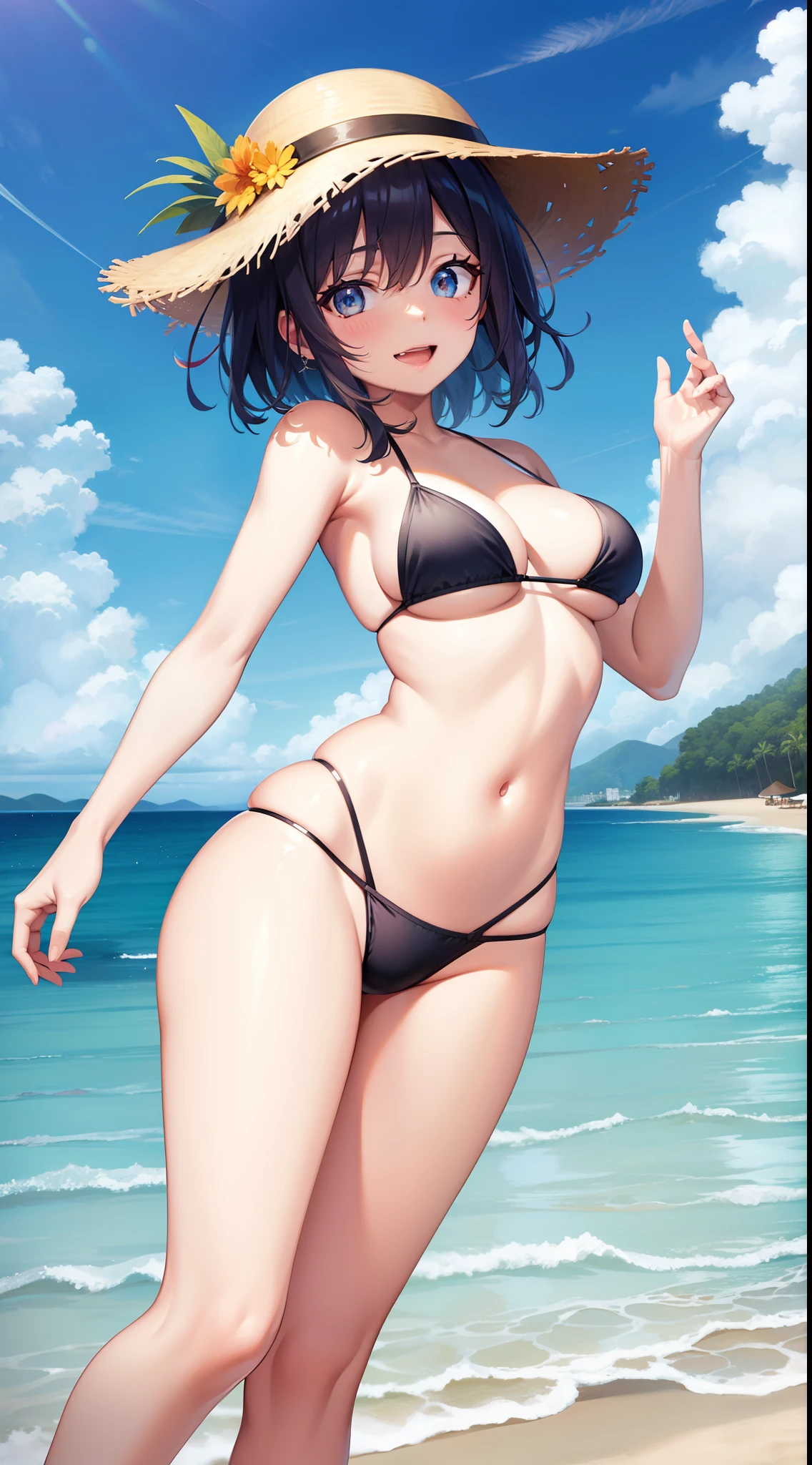 young girl, short multi-colored hair, blue eyes, Smile, teeth, Beach Hat, sexy swimsuit, open belly, open breasts, Beach, lying on sand, water, hiquality, 4k, HD, Good detail