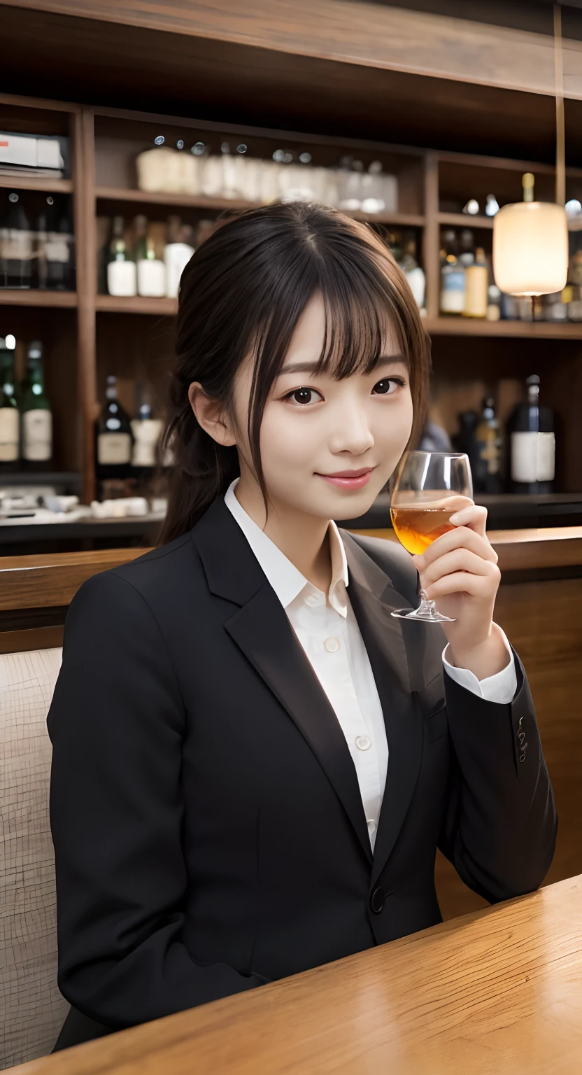 (top-quality、​masterpiece:1.2)、Best Quality、realisitic、photoshot、hight resolution、1080p、8K、Textured skin、Physical Rendering、1 Japan Girls、High school students、kawaii、Young Face、Hair tied back、(black suits:1.5)、a bar counter、Sit up、Bring a glass of whiskey:1.5、Sit on the sofa、full of shyness、smil、Big