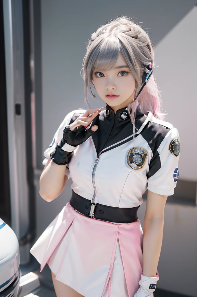 masutepiece, Best Quality, 8K、(Golden Ratio Face、Balanced eyes、Very kind eyes、Pink eyes)、二重まぶた、An innocent face、Young Face、Beautiful nasal muscles、Shy laughter、lipgloss 、Very beautiful girl、Beautiful girl solo like a model、 wearing a starfleet uniform, complete starfleet uniform、clear outfit design、Transparent silky pink hair、headset on head、skirt by the、battleship cockpit,ＳＦThe world of,futuristic background、