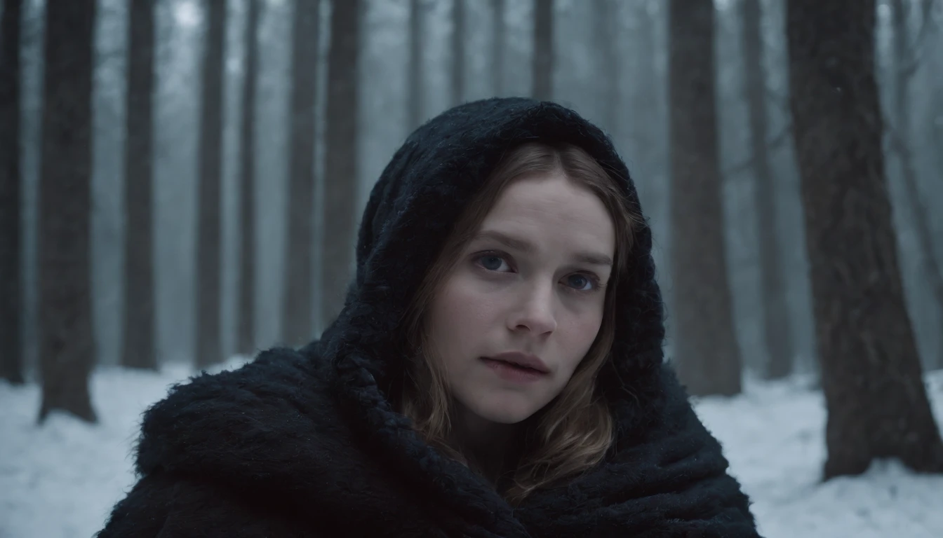 medieval Hungary, night, snowy forest, a baby is wrapped in furs and wool it's skin turning black and blue, eerie, scary, mystical, horror, cinematic scene from film