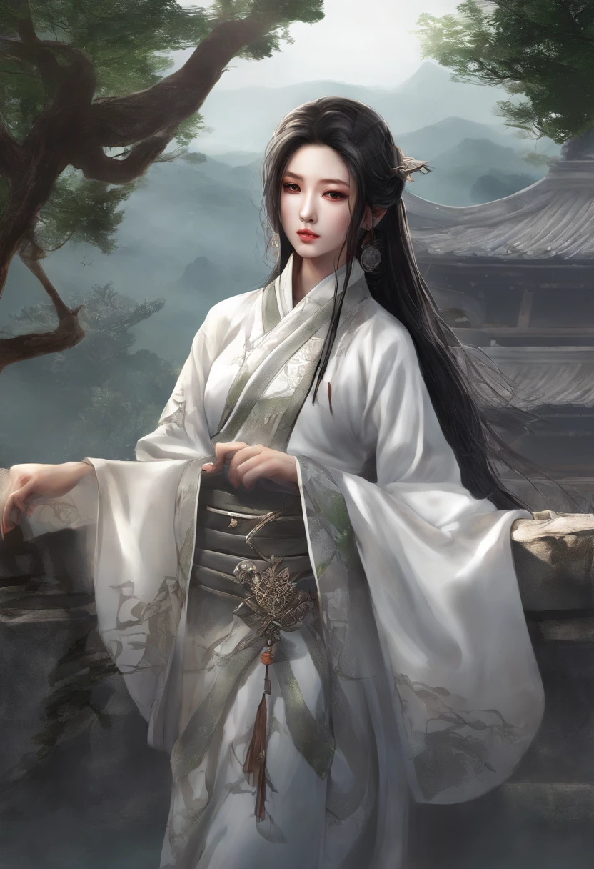 bestquality, Masute Piece, ultra-high resolution, (Realistic: 1.4), Xiuxian, Smiles, Shy, navel, Delicate makeup, Spectacular jewelry, long-haired, face detail,, 1 girl, White Clothes, Lotus Print, Maple leaf printing, bara, weapons, (Magic Circle: 1.2), Xiuxian, Full Gluten, beautiful girl, Half body, East Asian Architecture, pod, build, Turn around, Hanfu.