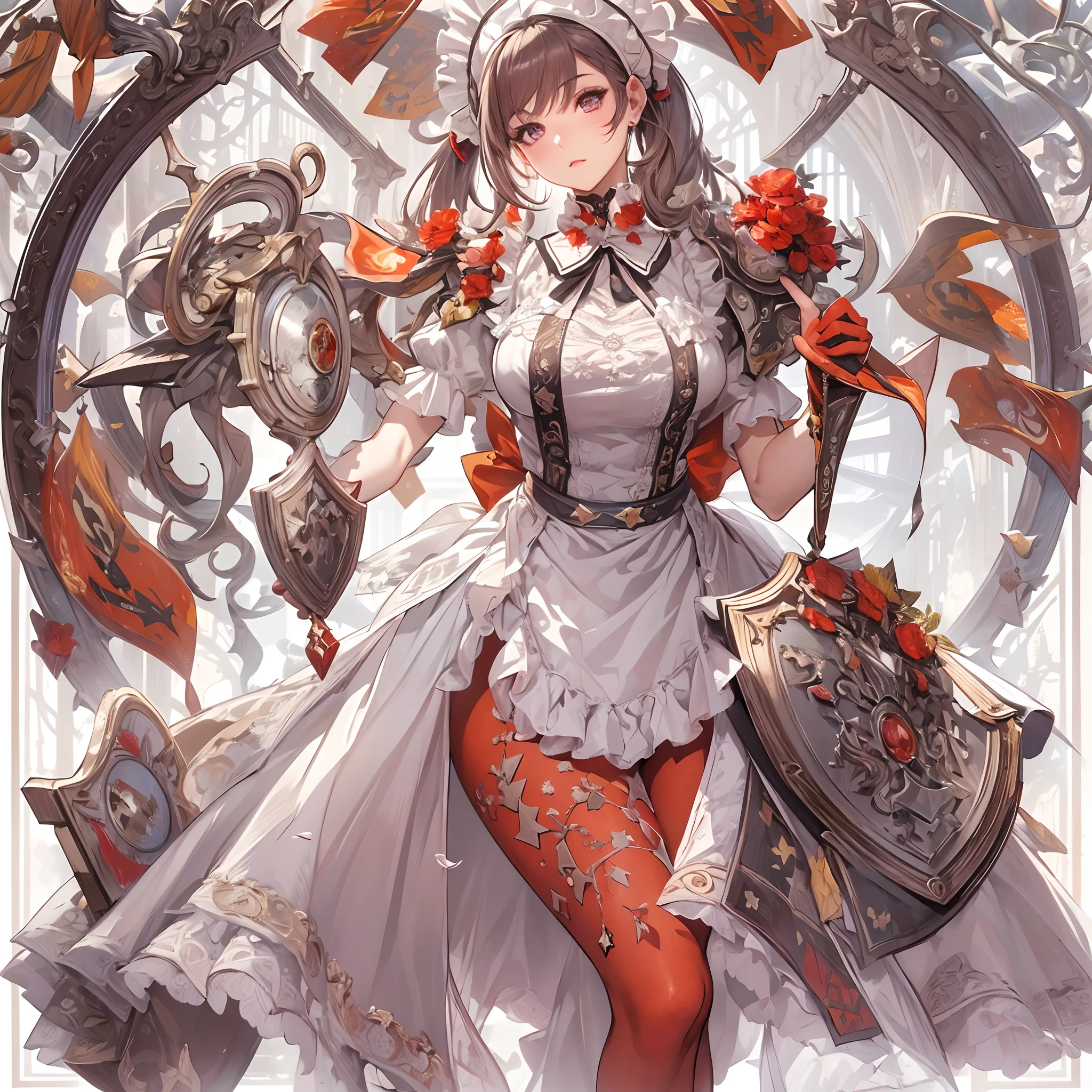 ((Masterpiece, Highest quality)), Detailed face, CharacterDesignSheet, full bodyesbian, Full of details, Multiple poses and expressions, Highly detailed, Depth, Many parts,Beautiful Maid,Holding a shield,double-ponytail,estilo fantasia,red colour,Extremely beautiful,High Balance, Natural light, Lace,lacepantyhose,Sunny décor,Star decoration