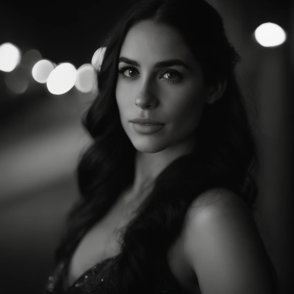 une femme comme Meghan fox, il faut qu'elle regarde la camera, cheveux lisse et noir, long thick eyelashes, bouche avec overline, visage diamond, 16ans