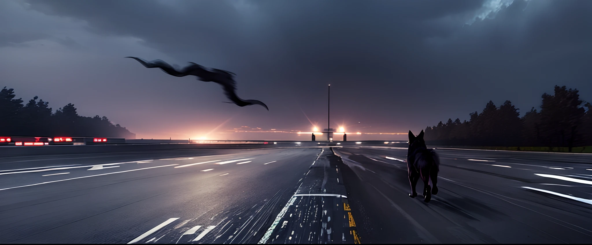 black wolf is running across the runway