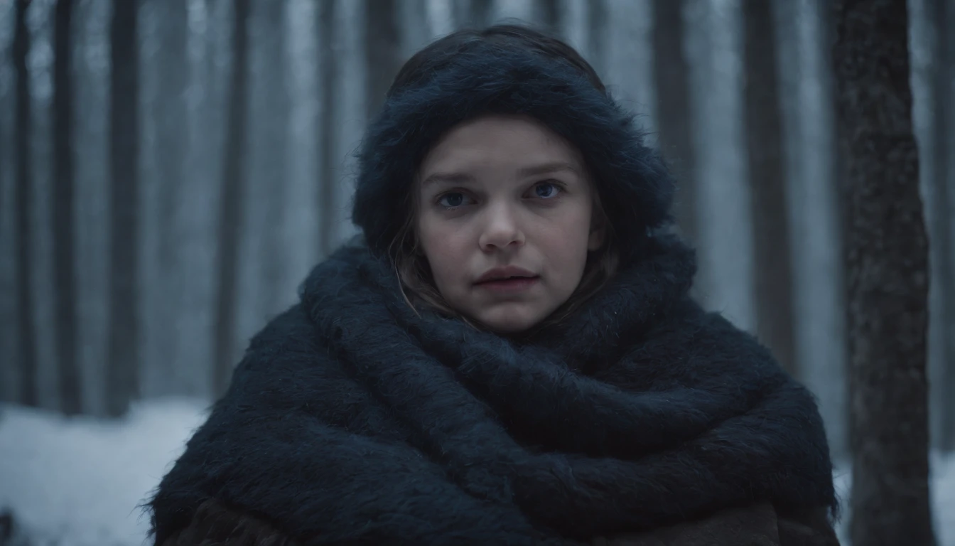 medieval Hungary, night, snowy forest, a newborn baby is wrapped in furs and wool it's skin turning black and blue, eerie, scary, mystical, horror, cinematic scene from film