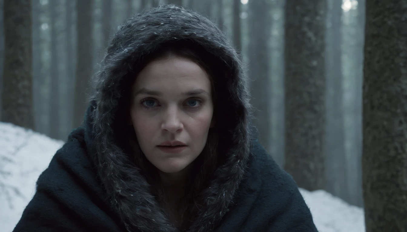 medieval Hungary, night, snowy forest, a newborn baby is wrapped in furs and wool it's skin turning black and blue, eerie, scary, mystical, horror, cinematic scene from film