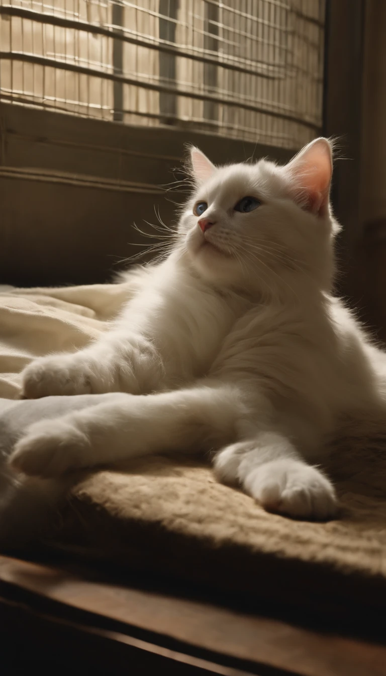 A white kitten looks at an old man lying on a hospital bed。