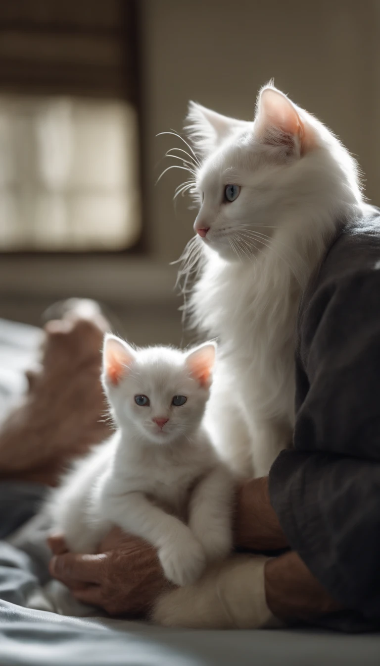 A white kitten looks at an old man lying on a hospital bed。