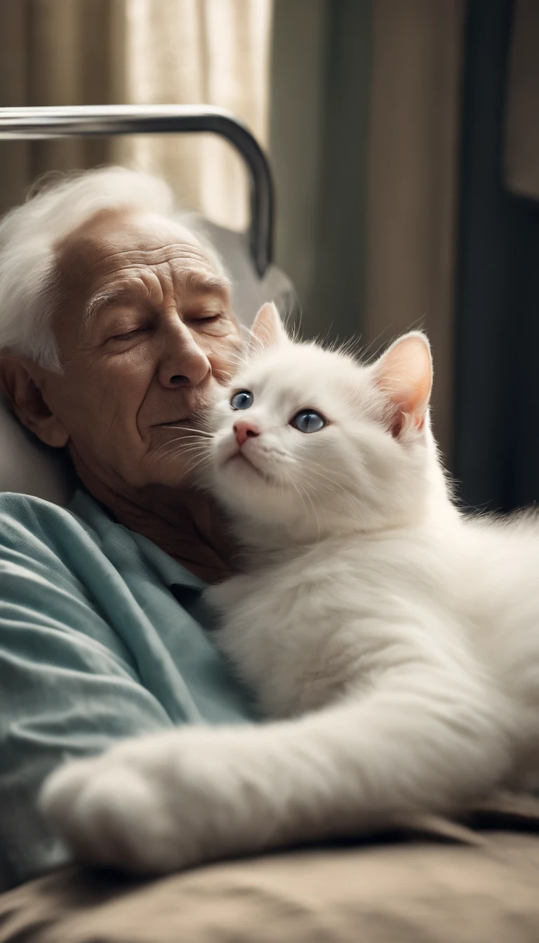 A white kitten looks at an old man lying on a hospital bed。