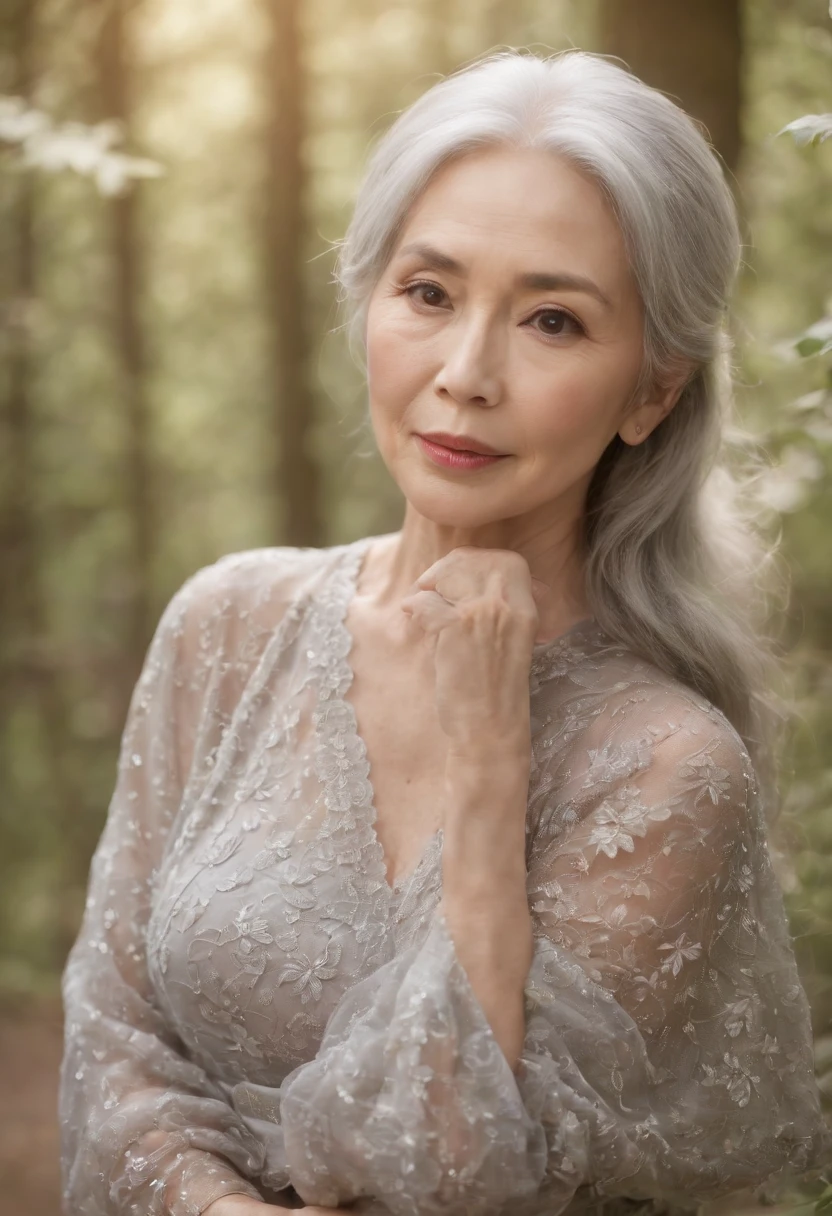 (((Beautiful with plump Japan))) light skinned, Women around 65 years old, Natural gray hair, Dark brown eyes are characteristic, Wearing a dress with sheer underwear, slender and graceful,, Beautiful, In a forest with a natural atmosphere, Ultra Sharp Focus, realistic shot, Bewitching women's clothing, Tetradic color (Scar:1.4)