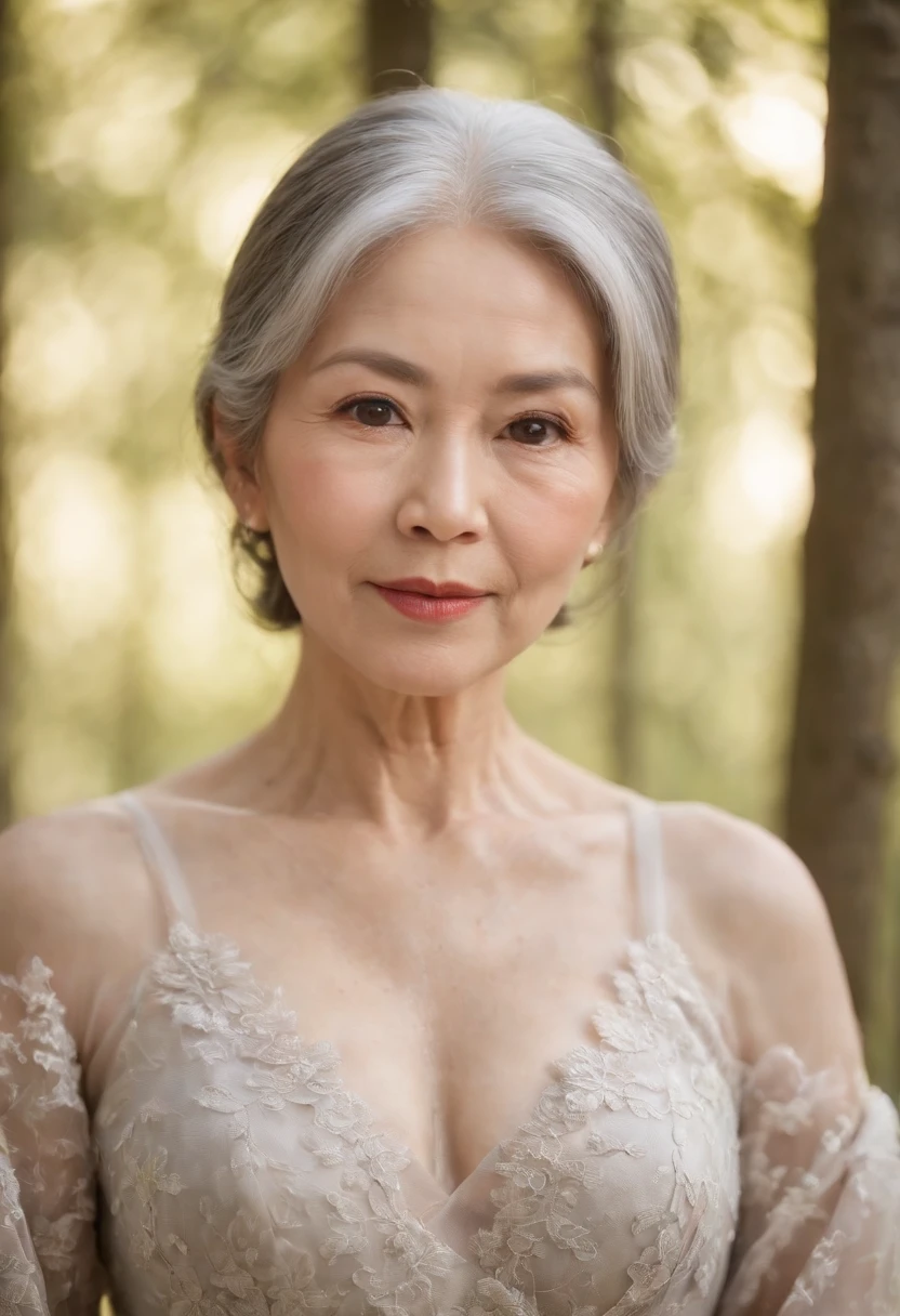(((Beautiful with plump Japan))) light skinned, Women around 65 years old, Natural gray hair, Dark brown eyes are characteristic, Wearing a dress with sheer underwear, slender and graceful,, Beautiful, In a forest with a natural atmosphere, Ultra Sharp Focus, realistic shot, Bewitching women's clothing, Tetradic color (Scar:1.4)
